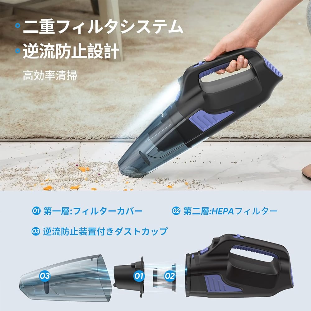 ALACRIS Handy Vacuum Cleaner, Car Vacuum Cleaner, Cordless, Powerful Suction Handy Vacuum Cleaner, 16000Pa, Mini Vacuum Cleaner, Car Cleaner, Powerful, USB Rechargeable, 35 Minutes Continuous Operation, Comes with LED Light, Lightweight, Compact, Low Noi