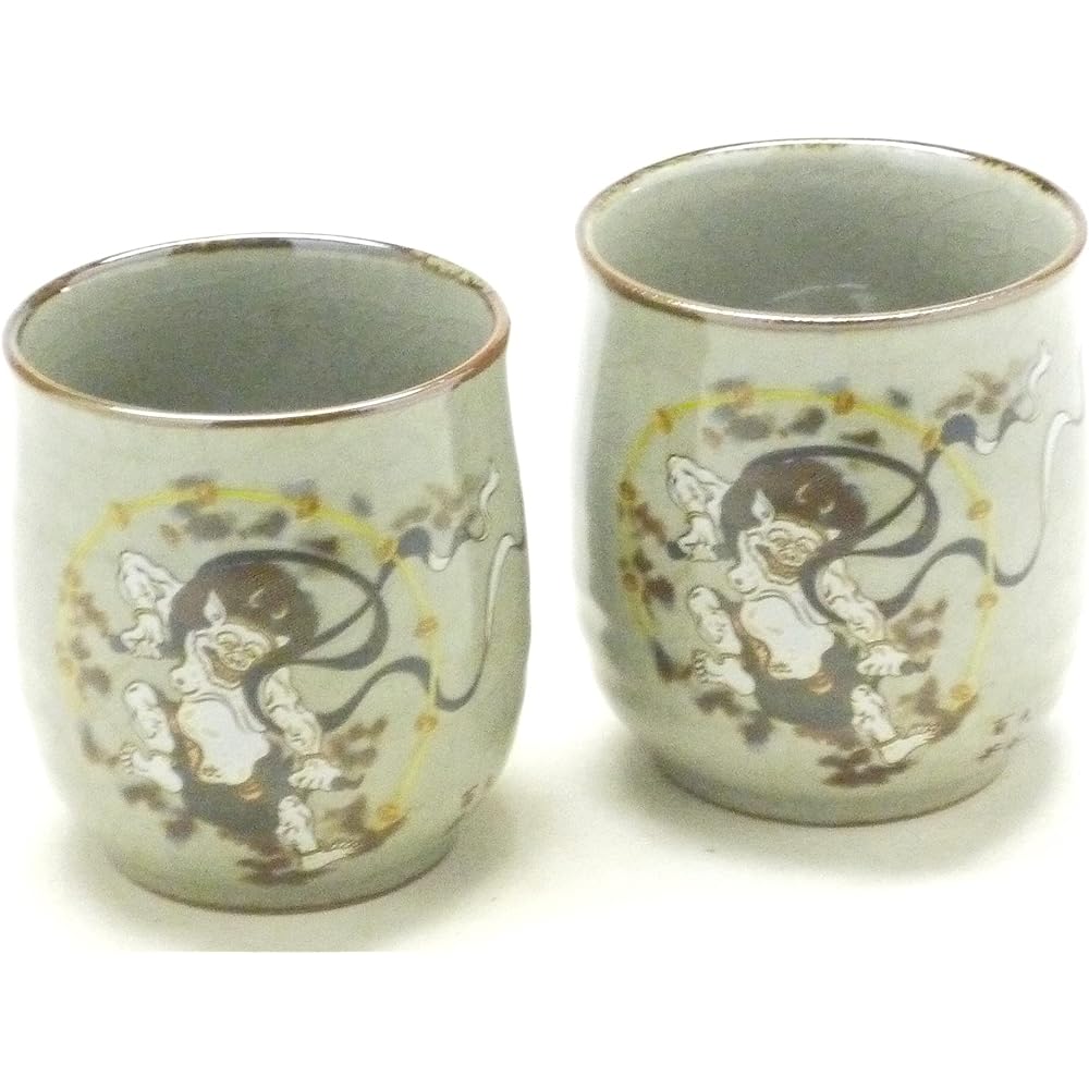 Kutani ware [couple teacup] Wind God and Raijin with inner painting