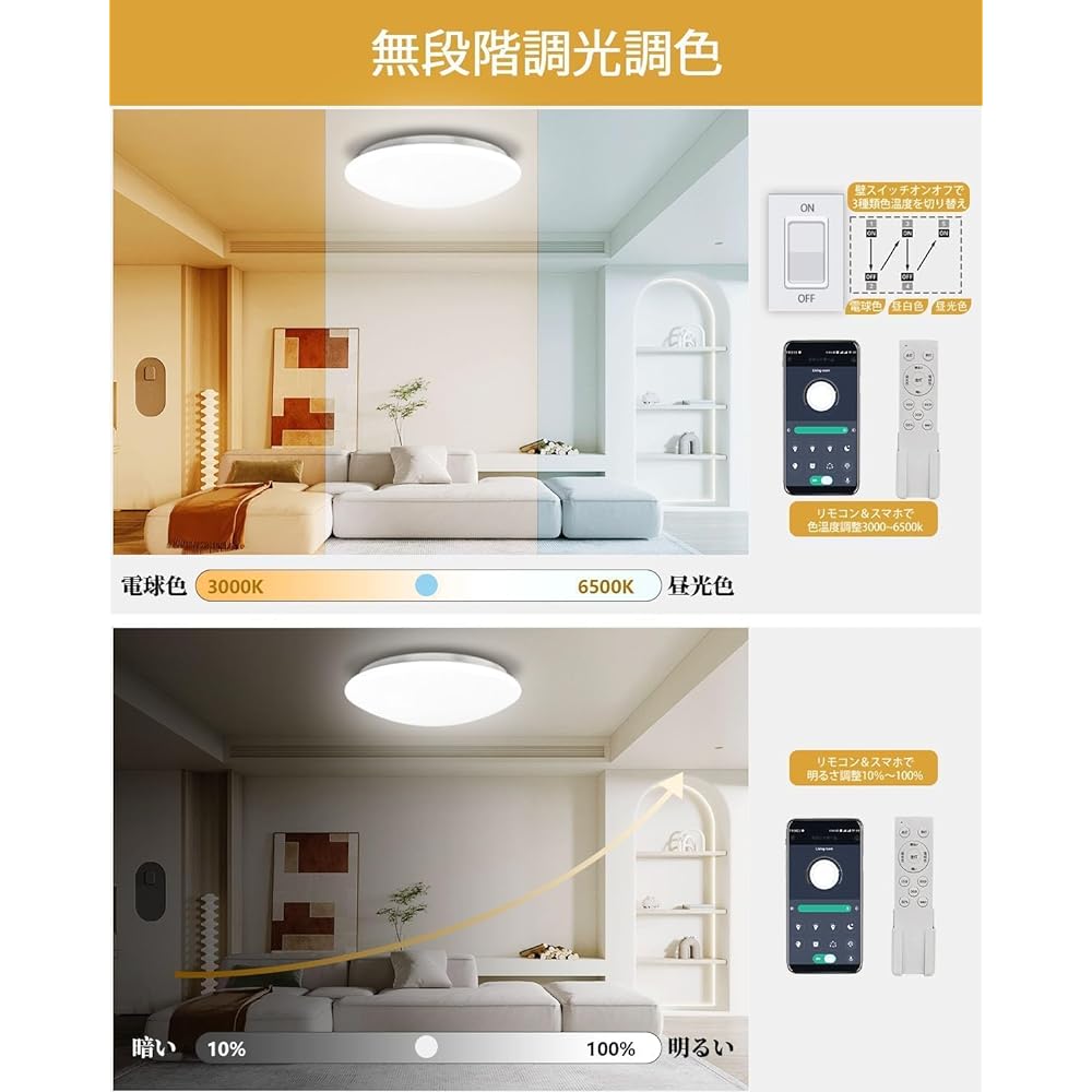 Coizabera LED Ceiling Light, 8 Tatami Mats, Set of 2, 33W, Small Light Bulb with Night Light, Remote Control Operation, 10~100% Dimming & Toning, Ceiling Light Fixture, Electric Fluorescent Ceiling Light, 6 Tatami to 8 Tatami Mats, Living Room/Bedroom/Ki