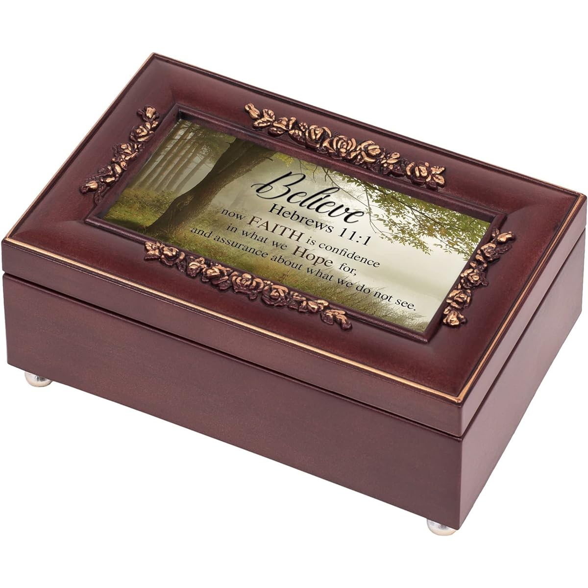 Believe Faith Is Hope Hebrews 11:1 Rosewood Finish Jewelry Music Box Plays Canon In D