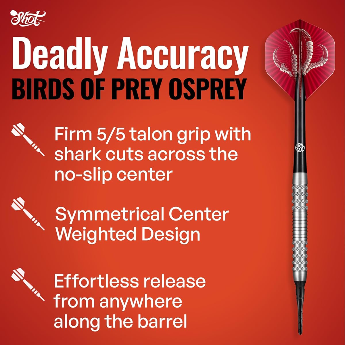 Shot! Birds of Prey Osprey Soft Tip Darts Set 80% Tungsten Pro Throw 18gm Darts Soft Tip Set Professional Plastic Tip Bar Darts for Adults
