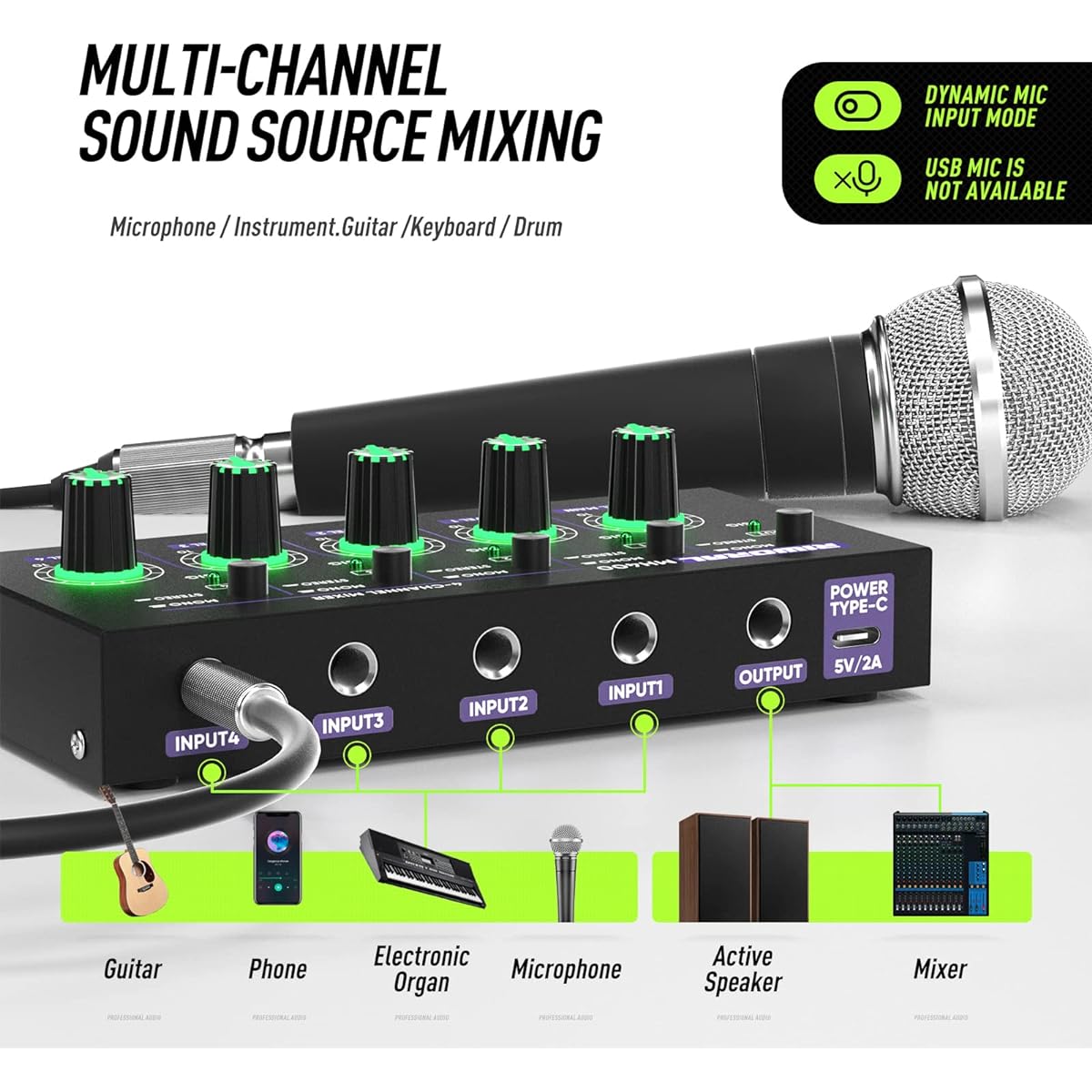 Riworal Mini Audio Mixer Ultra Low Noise 4 Channel Mixer Audio Mono and Stereo Line Mixer for Stage Small Club Bar MH400