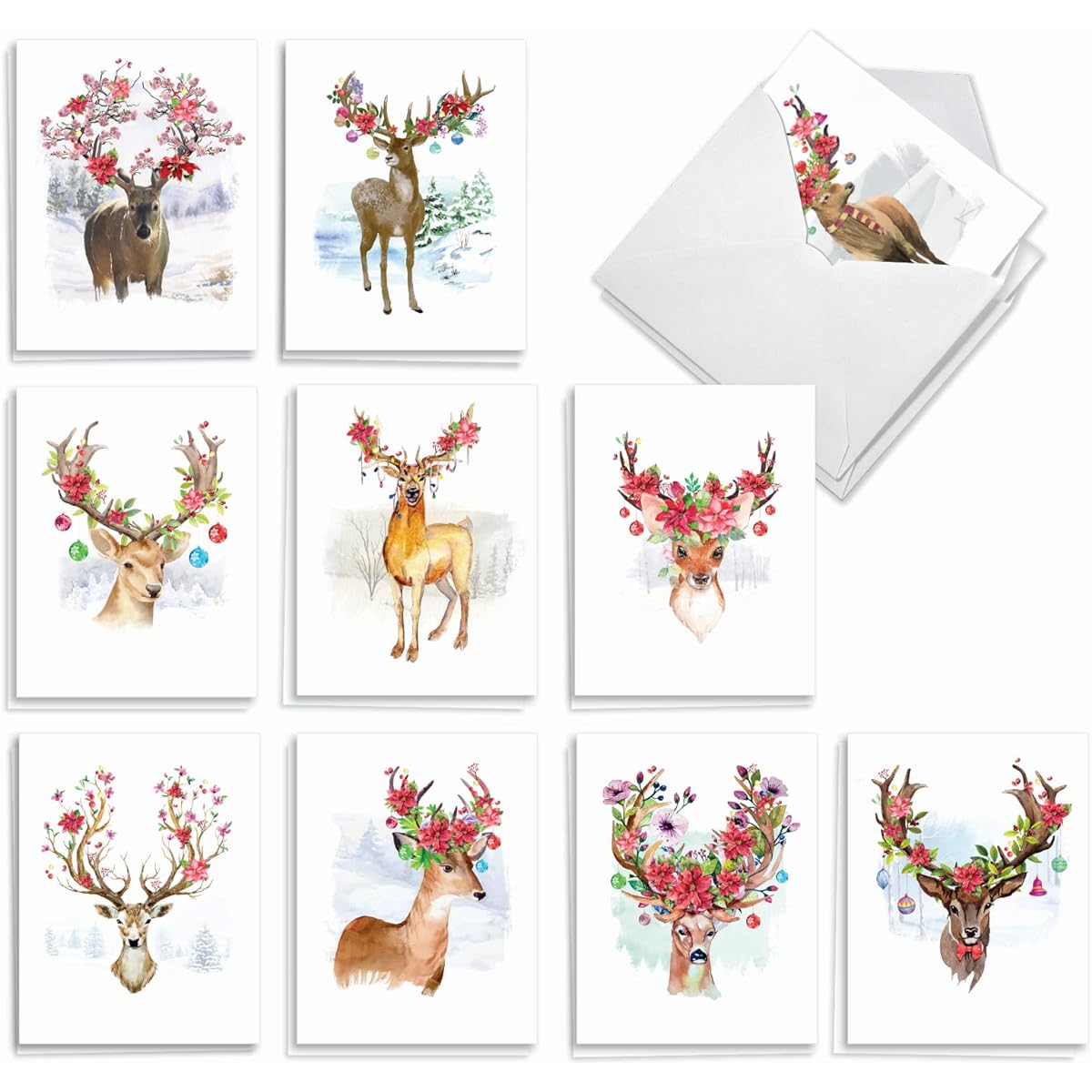 The Best Card Company Flowering Reindeer - Assorted Box of 20 Christmas Thank You Cards with Envelopes (4 x 5.12 inches) - Season of Gratitude Flower Branches AM7378XTG-B2x10