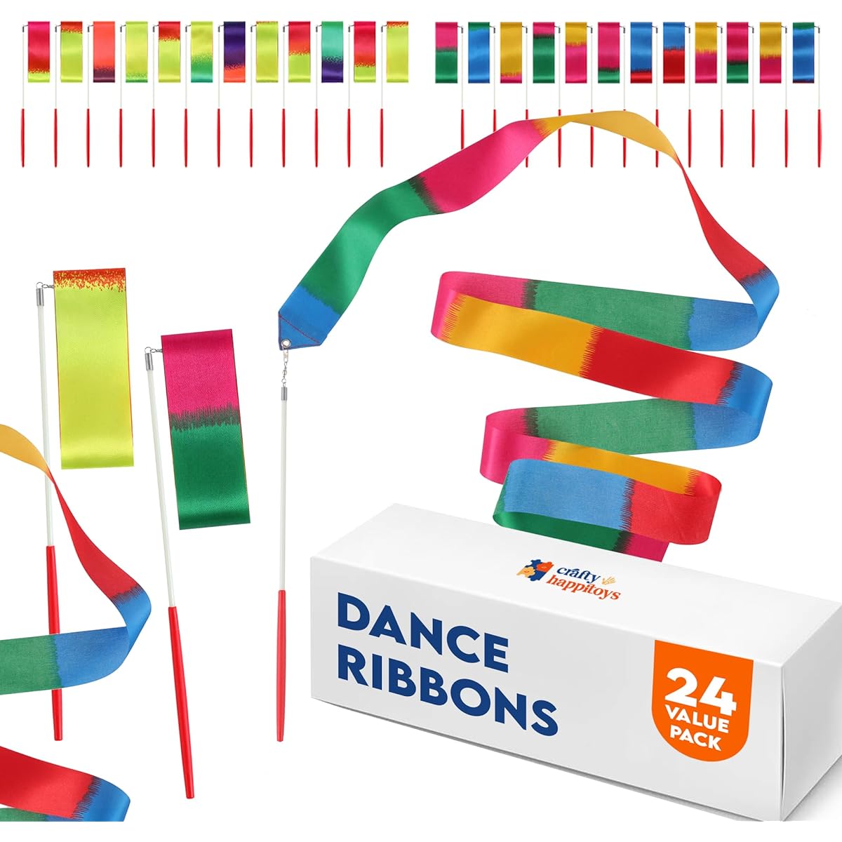 Gymnastics Ribbon Wands Set of 24 - Ribbon Dancer Wands for Kids - Rhythmic Dancing Ribbons Rainbow Party Favors - Rainbow Party Decorations - Rainbow Silk Streamers - Princess Birthday Goodie Bags