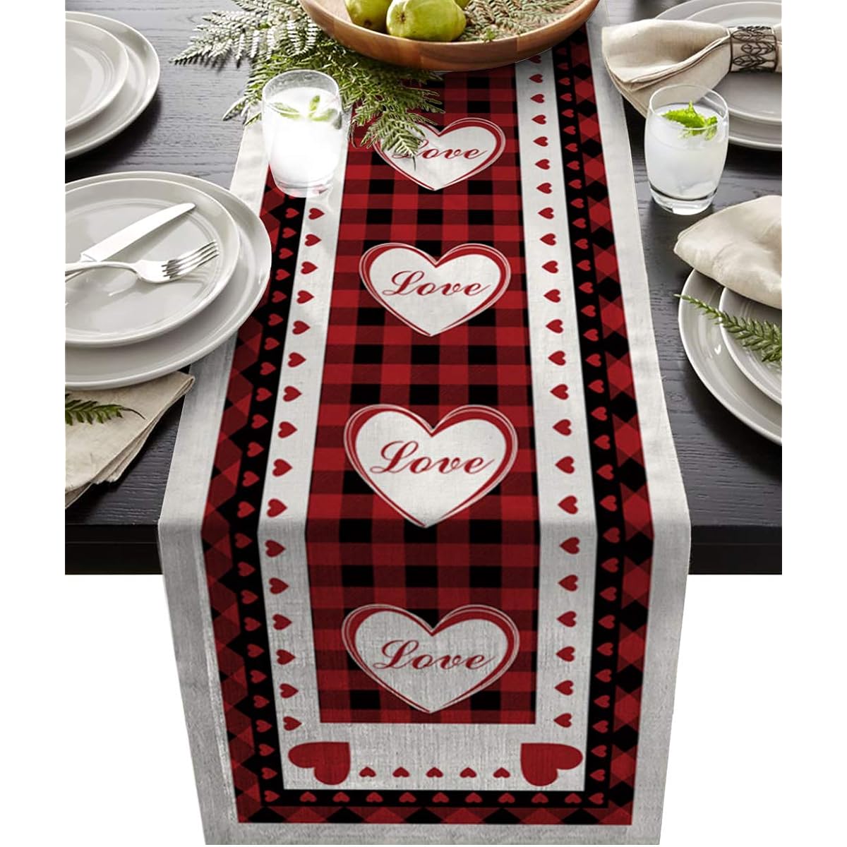 Table Runner for Family Holiday Party Burlap Dresser Scarf Valentine's Day Love Heart Red and Black Buffalo Check Table Runner for Wedding Reception Gathering Dining Table Decor 13x120 Inch
