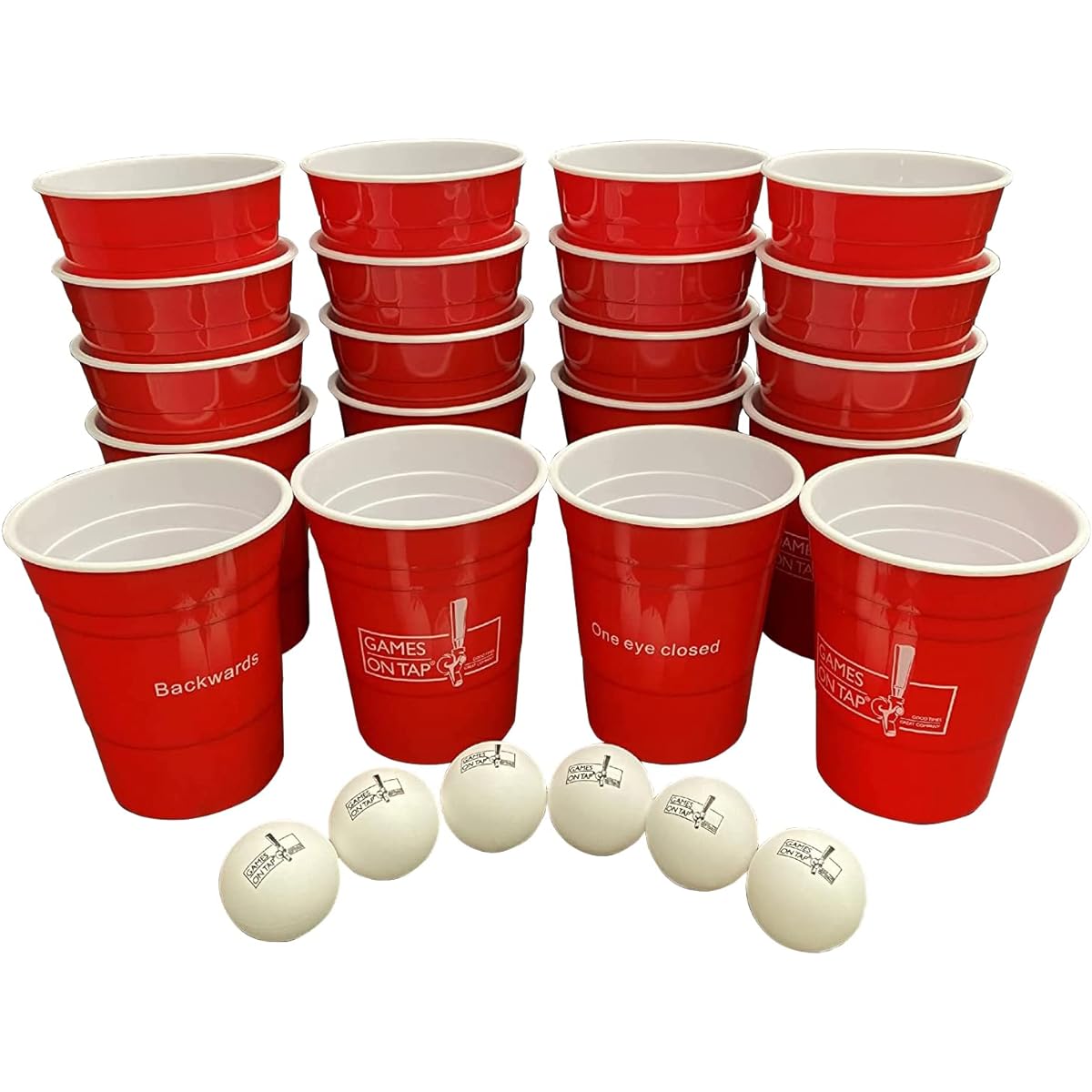 Game On Tap Beer Pong Challenge Set - 20 Beer Pong Cups and 6 Ping Pong Balls - Washable, Reusable Cups Fun Challenge Group Party Game Ages 21+