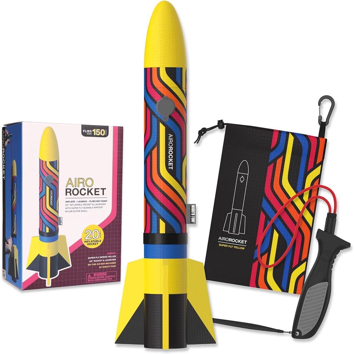 Mighty Fun! - Airo Rocket™ Manually Launched Inflatable Rocket Kit - Huge 20" Inflatable Ripstop Nylon Rocket, Hand Launcher, Storage Bag Included - Flies Up to 150 Feet - Ages 6+