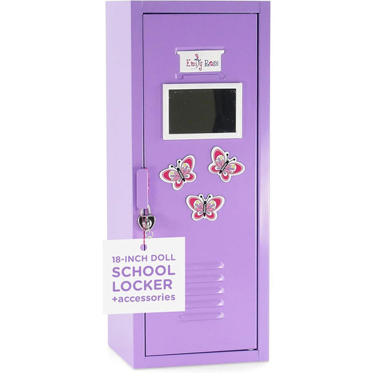 46cm Doll Furniture Lavender School Locker Storage Wardrobe with Working Lock and Key, 5 Doll Clothes Hangers, Magnetised Mirror, 3 Butterfly Magnets and Name Card Fits American Girl Dolls