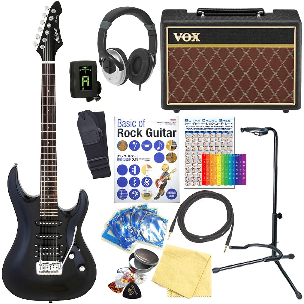 Electric guitar beginner set AriaProII MAC-STD MBK VOX amplifier included 15-piece set