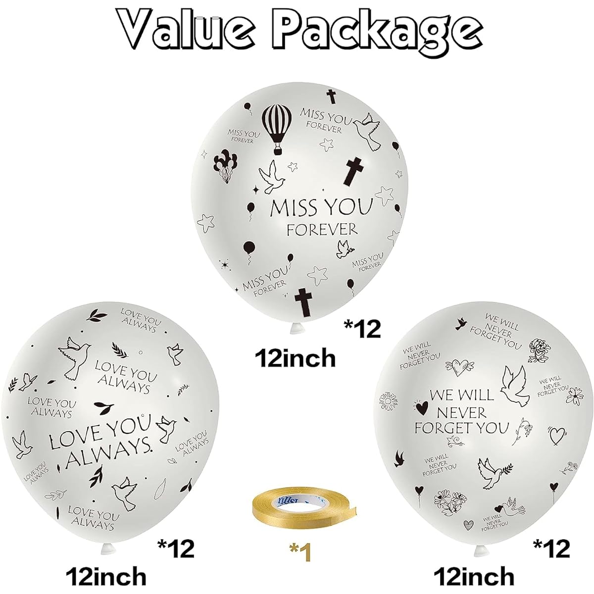 PANTIDE 37 Piece Memorial Balloons Set, White, for Memories, Funerals, Celebration of Life, Biodegradable Latex Balloons with Ribbon, Miss You Forever Love You Always We Will Never Forget You Balloon Decorations