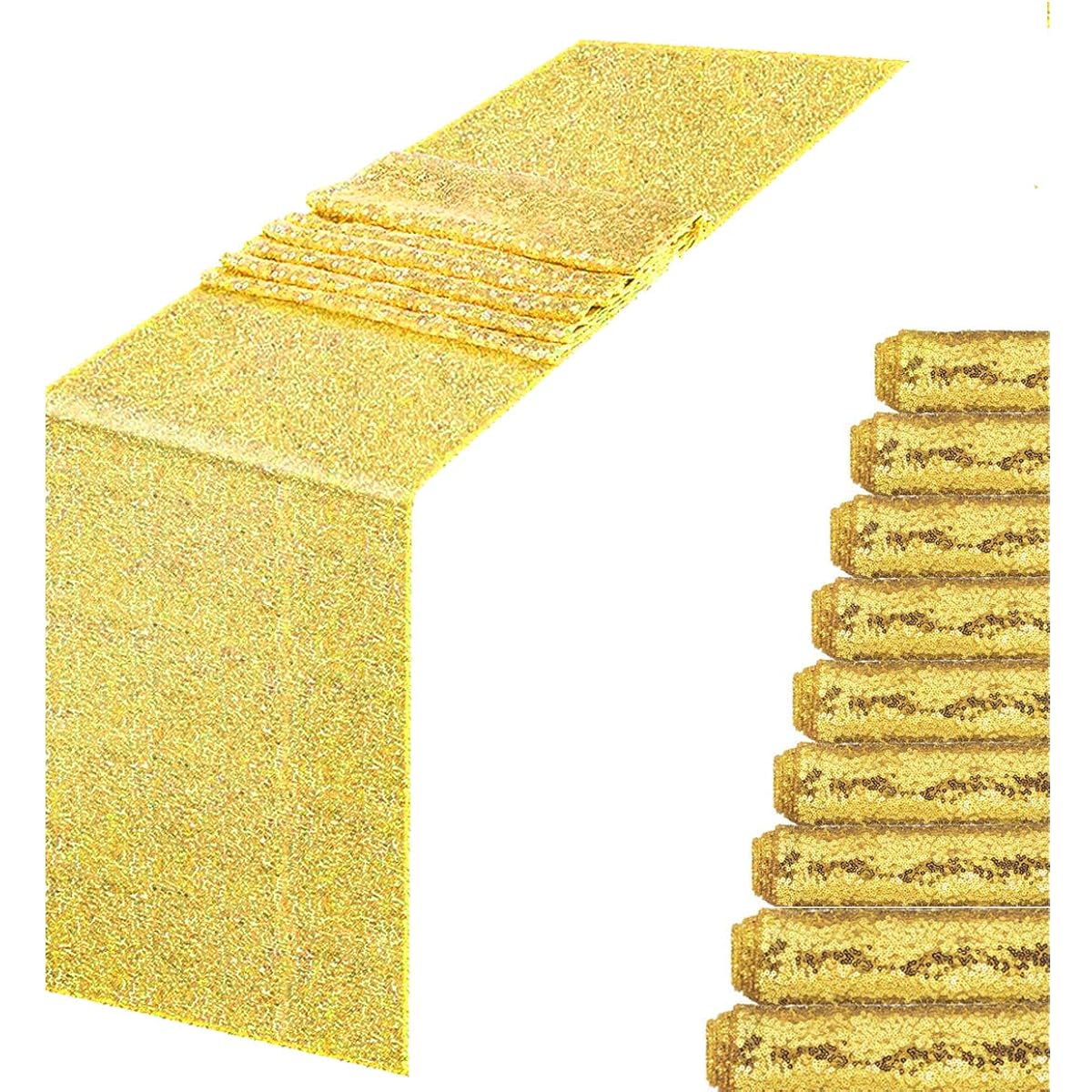 MENGQ Gold Table Runner 12"x108", Pack of 10, Sequin Table Runners Party Decorations, Sparkly Table Linens Runners, Sparkly Dinner Party Supplies for Baby Shower, Holiday Celebration