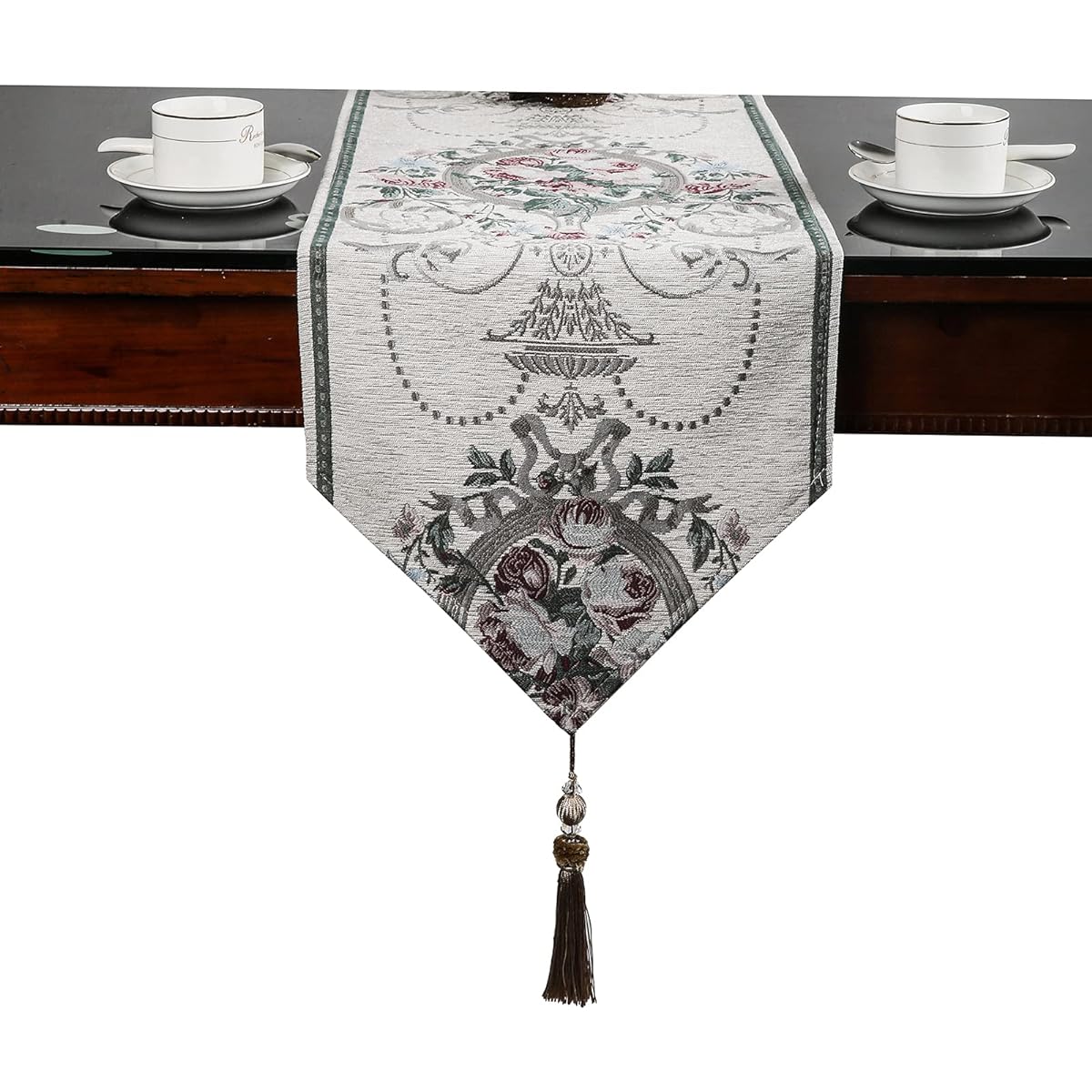Lilspud White Table Runner 72 Inch Elegant Doily Runner Jacquard Floral Table Runner with Handmade Tassels for Dresser Wedding Party Coffee Table Decor