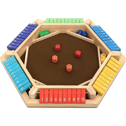 plusvivo Shut The Box Game for 1-6 Players Wooden Board Dice Game with 14 Dice for Kids and Adults Classic Tabletop Math Strategy Game for Family/Home/Classroom/Pub
