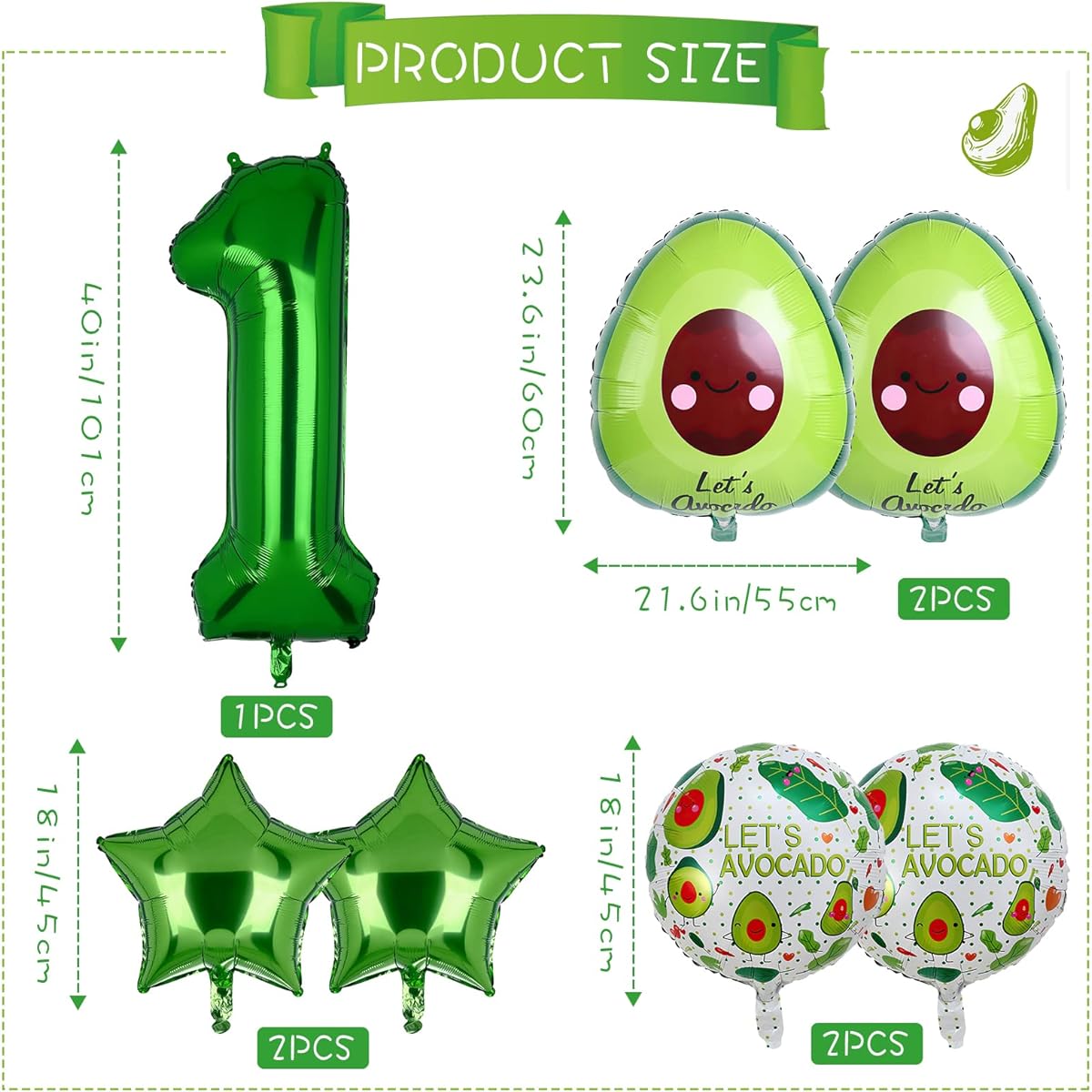Avocado Party Decorations Fruit Avocado Birthday Number Foil Balloons Mexican Fiesta 1st Birthday Avocado Themed Party Supplies 7pcs