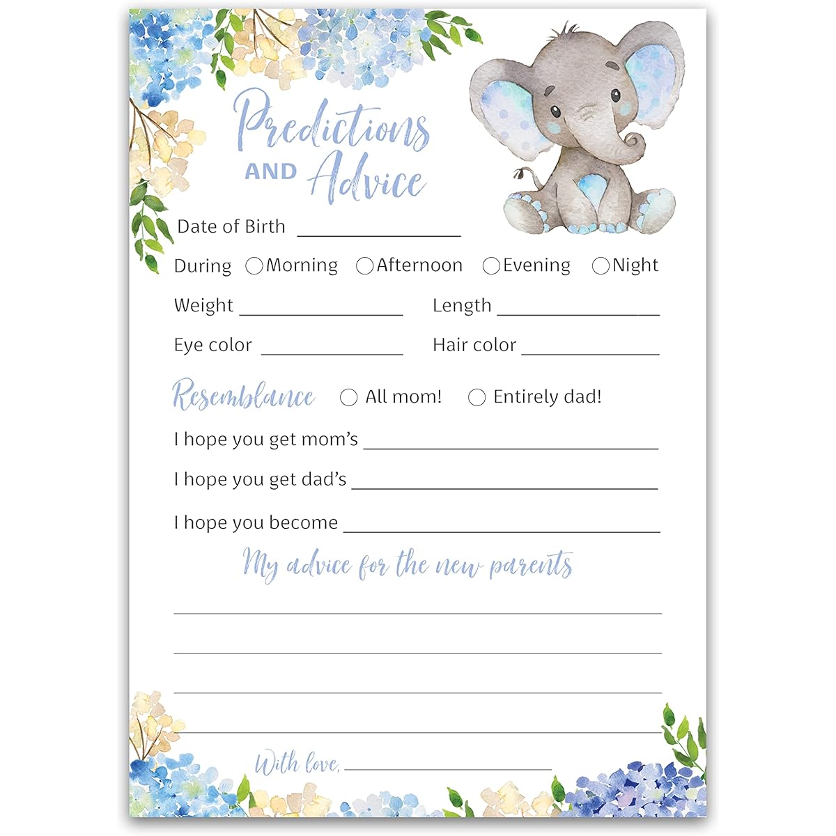 BLUE ELEPHANT Prediction and Advice Cards - 25 Pack - Boy Baby Shower Game for New Parents, Messages for Mommy & Daddy, Couples Coed Shower Activity, Keepsake Book, Floral G531-PDAV