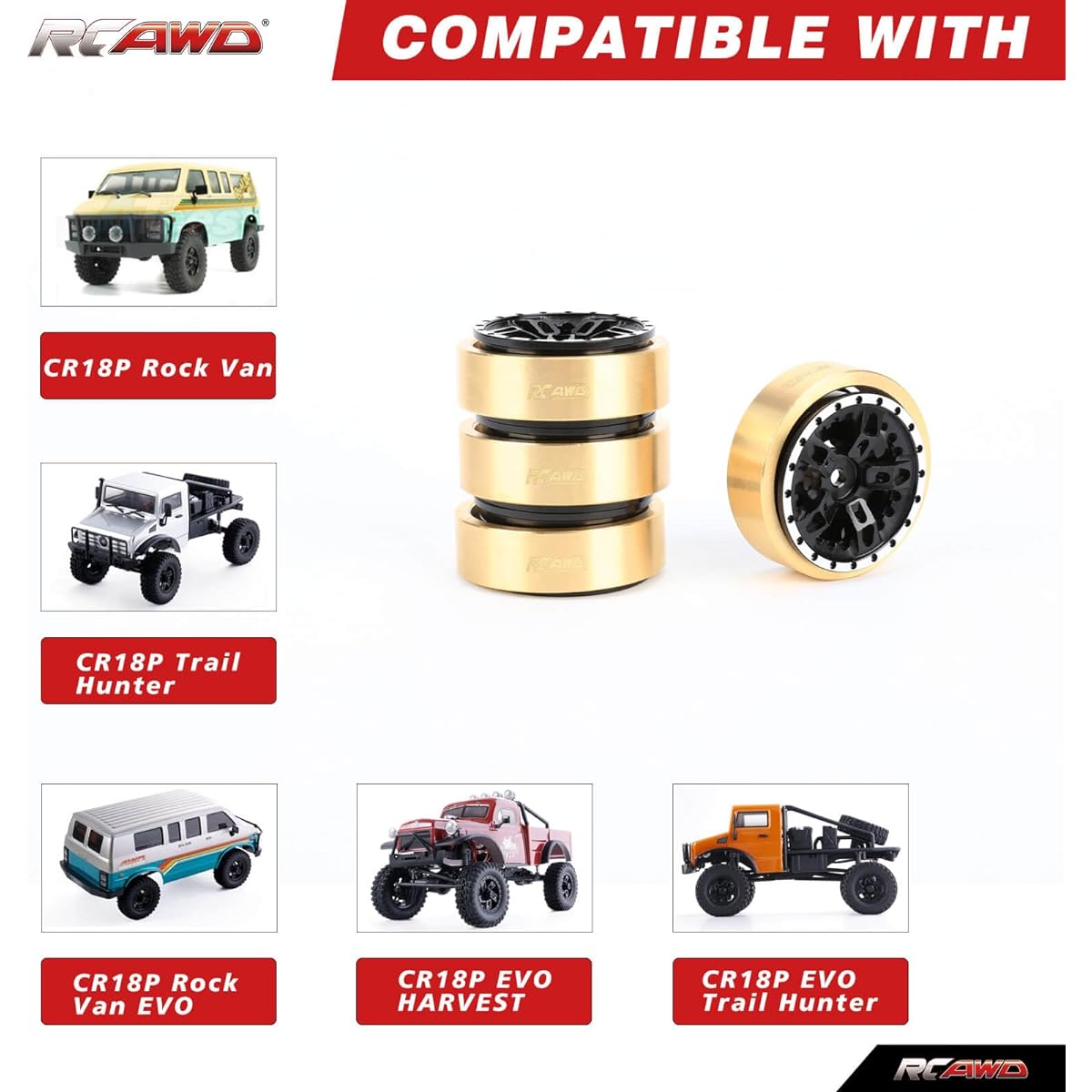 RCAWD CR18P 1.2" Brass Weight RC Wheel Rim for Hobby Plus Rock Van Trail Hunter EVO Harvest FUR-2411 Upgrade Parts No Glue Required Black
