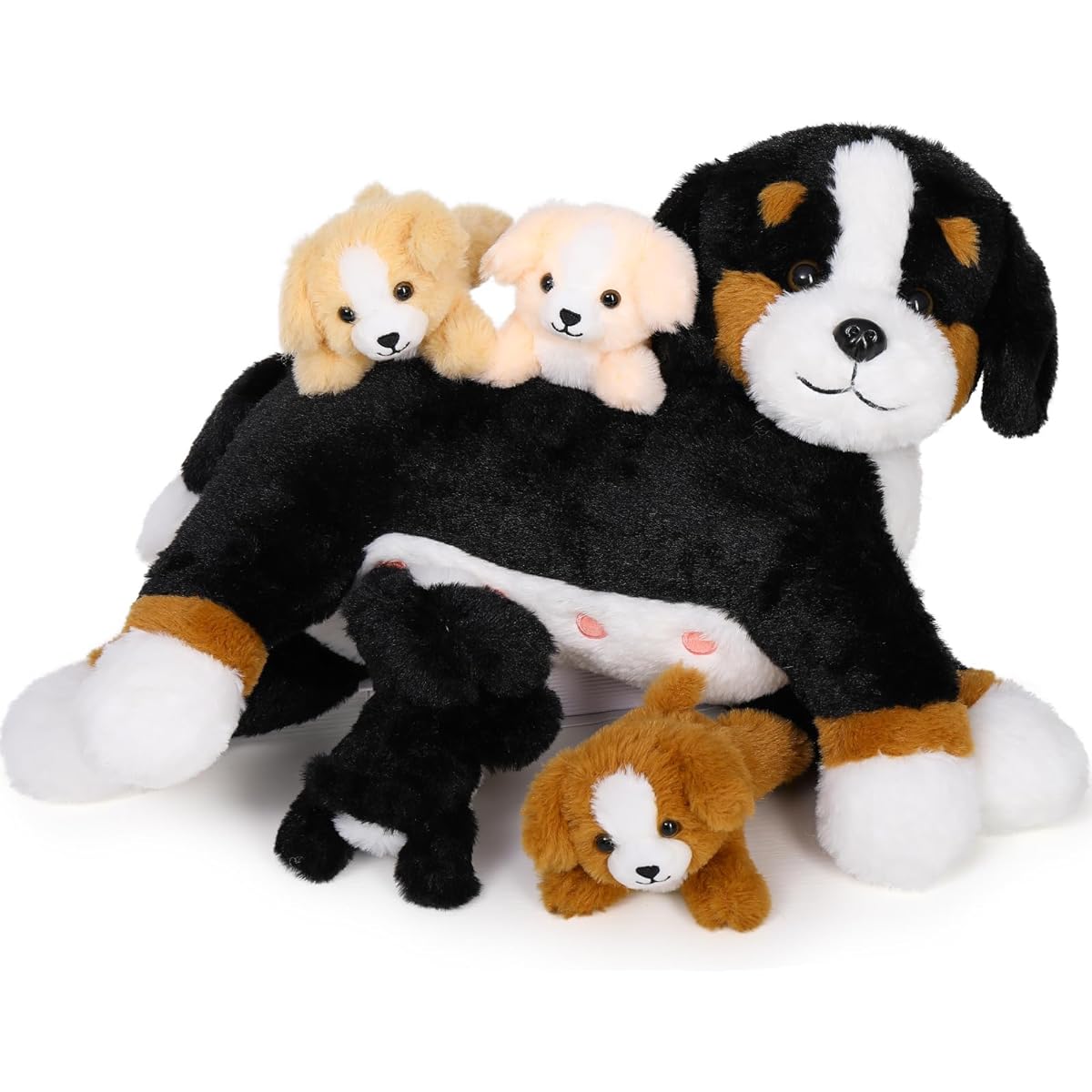 MaoGoLan Dog Plush Toy, Soft Large Bernese Dog Stuffed Animal with 4 Stuffed Puppies, Nurturing Dog Plush Toy Set, Birthday Gift for Kids, 20 Inch