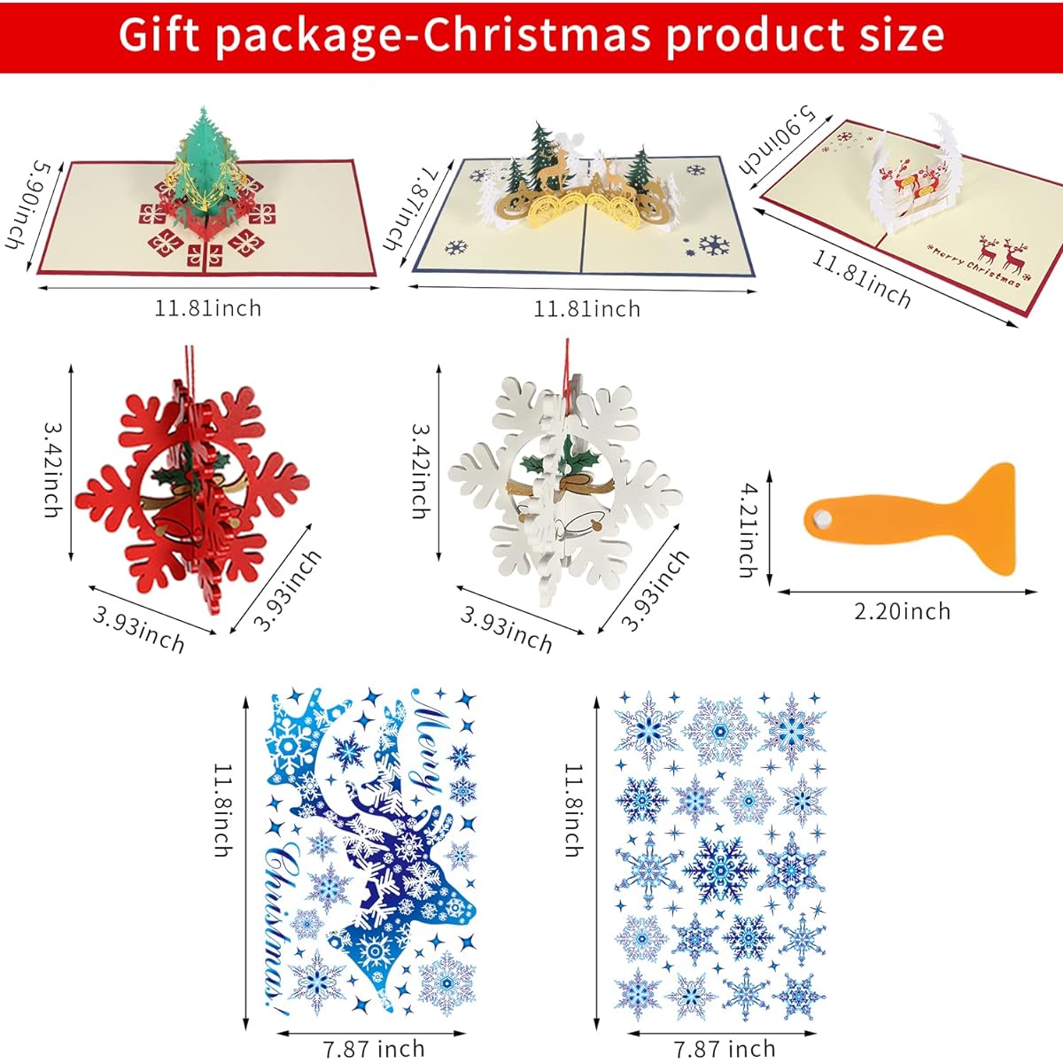 SOUQI 3D Pop-up Christmas Cards (3 pcs), Christmas Window Stickers (2 pcs), Christmas Snowflake Decorations (4 pcs), Handmade Christmas Greeting Cards/New Year…