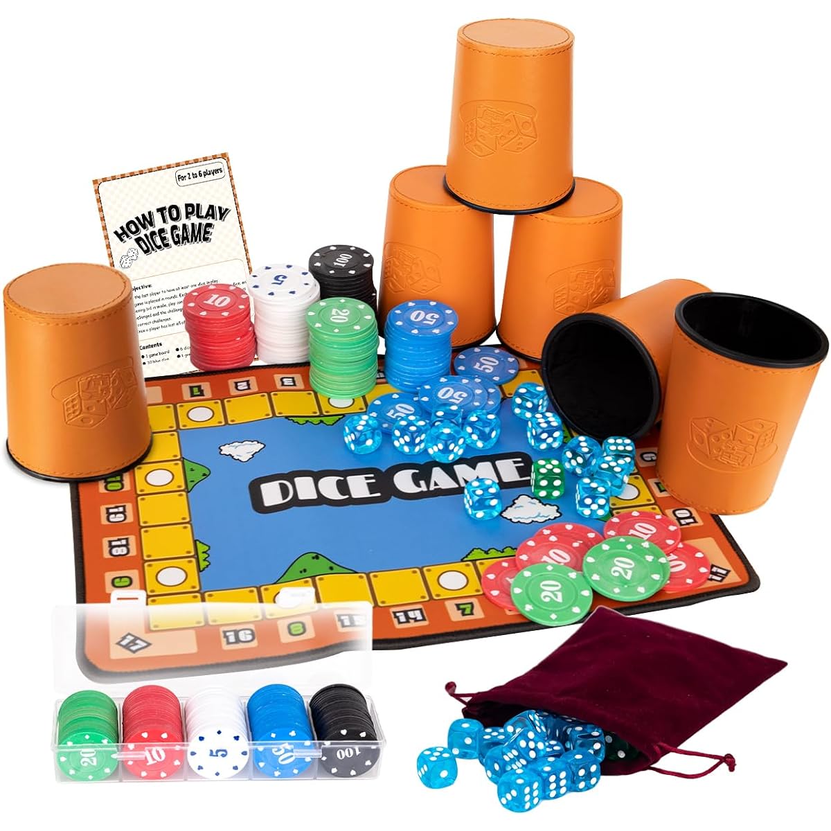 Extguds Liars Dice Game Set Classic Bluff Game with Game Mat, 6 Professional Leather Dice Shaker Cups, 100 Game Chips
