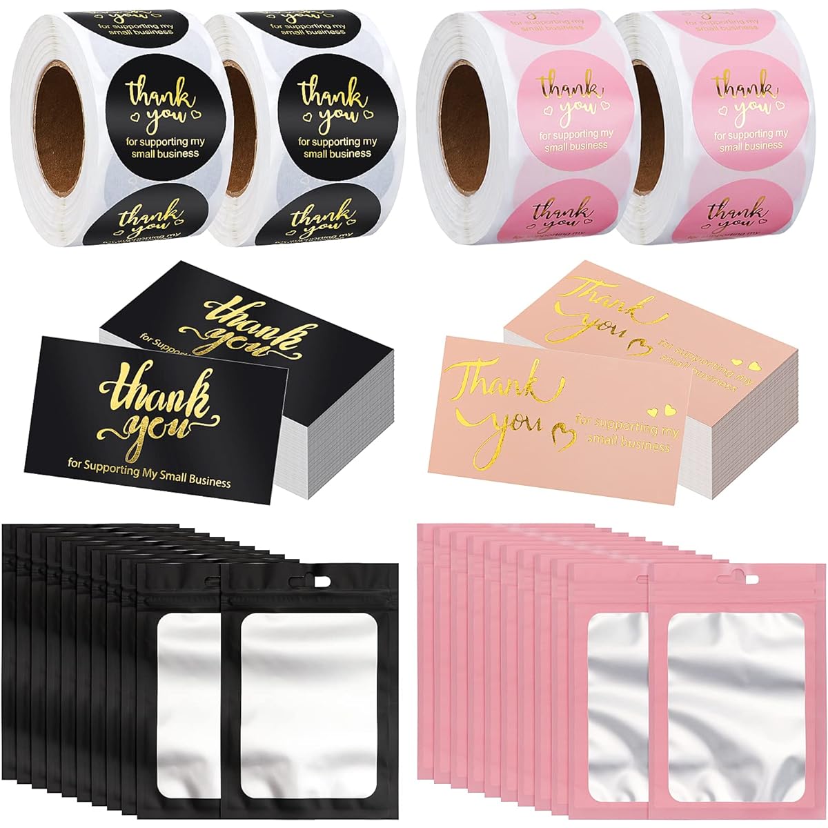 Lefiocky Thank You Stickers and Cards Set 1120 Pieces 1.5 Inch Thank You for Support My Small Business Gold Lettering Small Thank You Cards Resealable Packaging Bags for Business