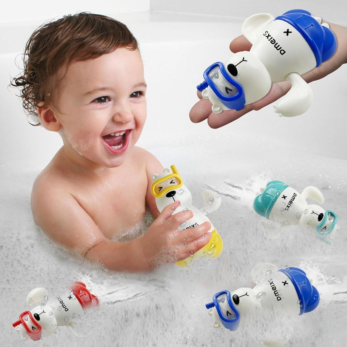 Dmeixs Toddler Bath Toys 4 Pack Floating Wind-Up Bath Toys Baby Bathtub Shower Beach Swimming Pool Game Water Play Toys for Toddlers Kids Boys Girls (Polar Bear)