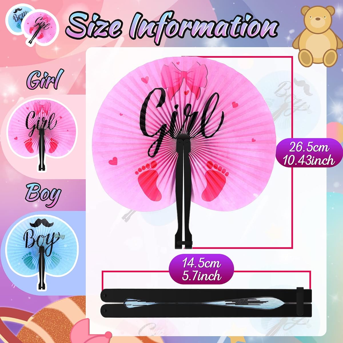 Taiyin 48 Pack Gender Reveal Decorations Paper Hand Fan Foldable Handheld Fan for Boys or Girls Gender Reveal Party Supplies Decorative Fan Baby Shower Gender Reveal Party Decorations