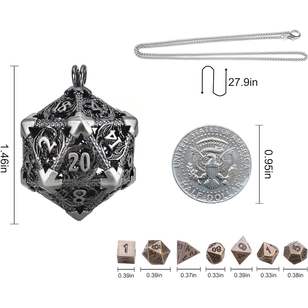 SUDESMO Mini DND Dice Set, DND Dice D20 Keychain D&D Dice Necklace Small Metal Dice Bag Case Portable 7 Dice Set Dungeons and Dragons Accessories DND Gifts Silver
