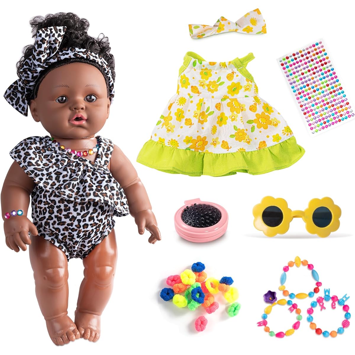 KidEwan 12" Doll & Accessories African Baby Doll Reborn Baby Doll Real Life Baby Doll Black Baby Doll - Summer Travel Playset