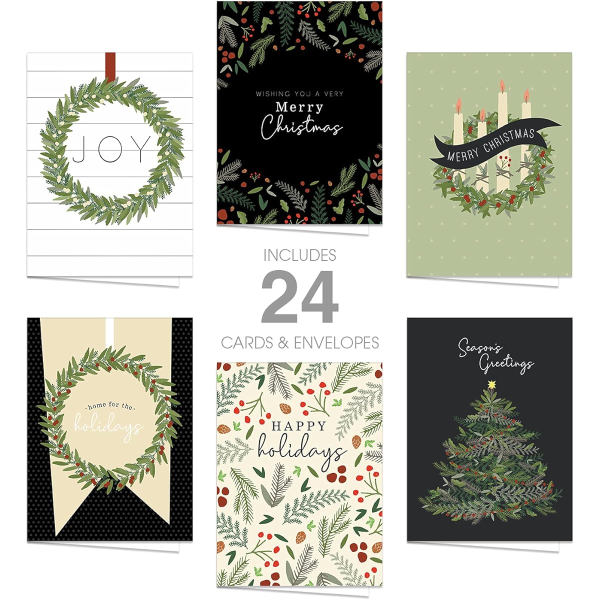 Farmhouse Style Holiday Card Pack / 24 Modern Magnolia Wreath Christmas Note Cards with White Envelopes / 6 Illustrated Holiday Designs / 4 5/8" x 6 1/4" Season's Greeting Cards