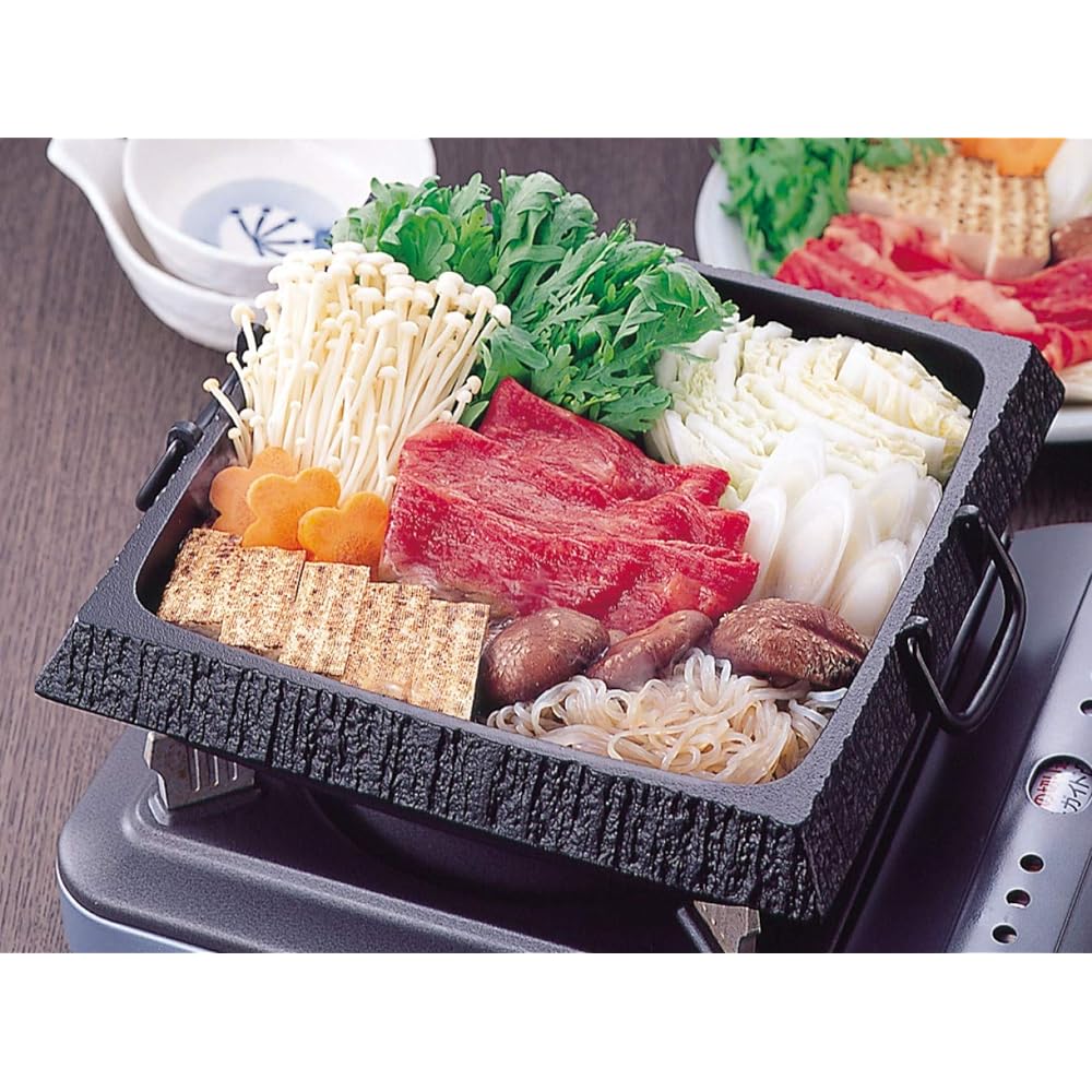 Iwachu Sukiyaki Pot, Stone Garden Corner (Large), Black Baking, Inner Dimensions 24 x 24cm, IH Compatible, Nanbu Ironware 20027