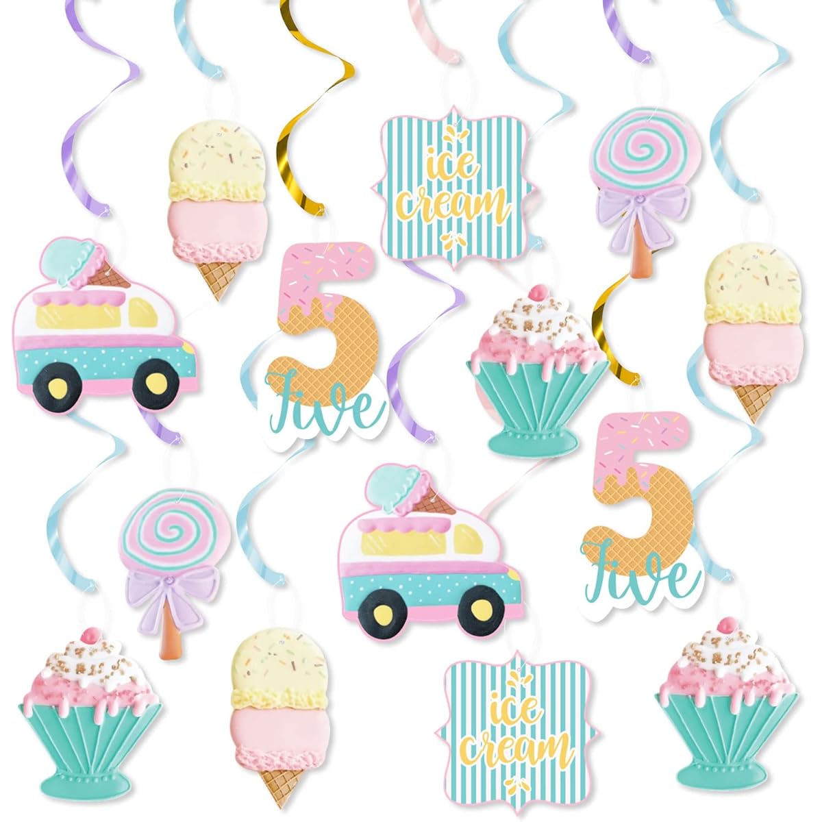 Five is So Sweet Ice Cream Birthday Party Decorations, 20pcs Ice Cream Party Hanging Swirls for Kids, Ice Cream Theme 5 Year Old Birthday Party for Girls 5 Years Old Ceiling Hanging Streamers Party Supplies