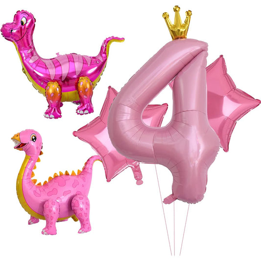 5pcs Pink Dinosaur Balloons Girls Dinosaur Birthday Number Mylar Foil Balloons Pink Dinosaur 4th Birthday Party Supplies Decorations (Age 4)