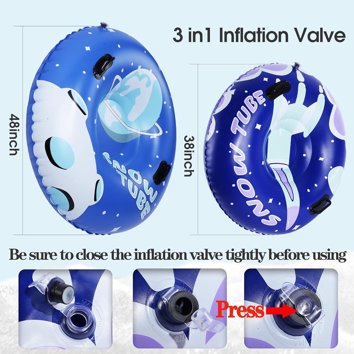 TIDYON Snow Tube 48" & 38" Sled Inflatable Snow Sled for Kids and Adults, Durable Thick Snow Tube for Winter Fun and Family