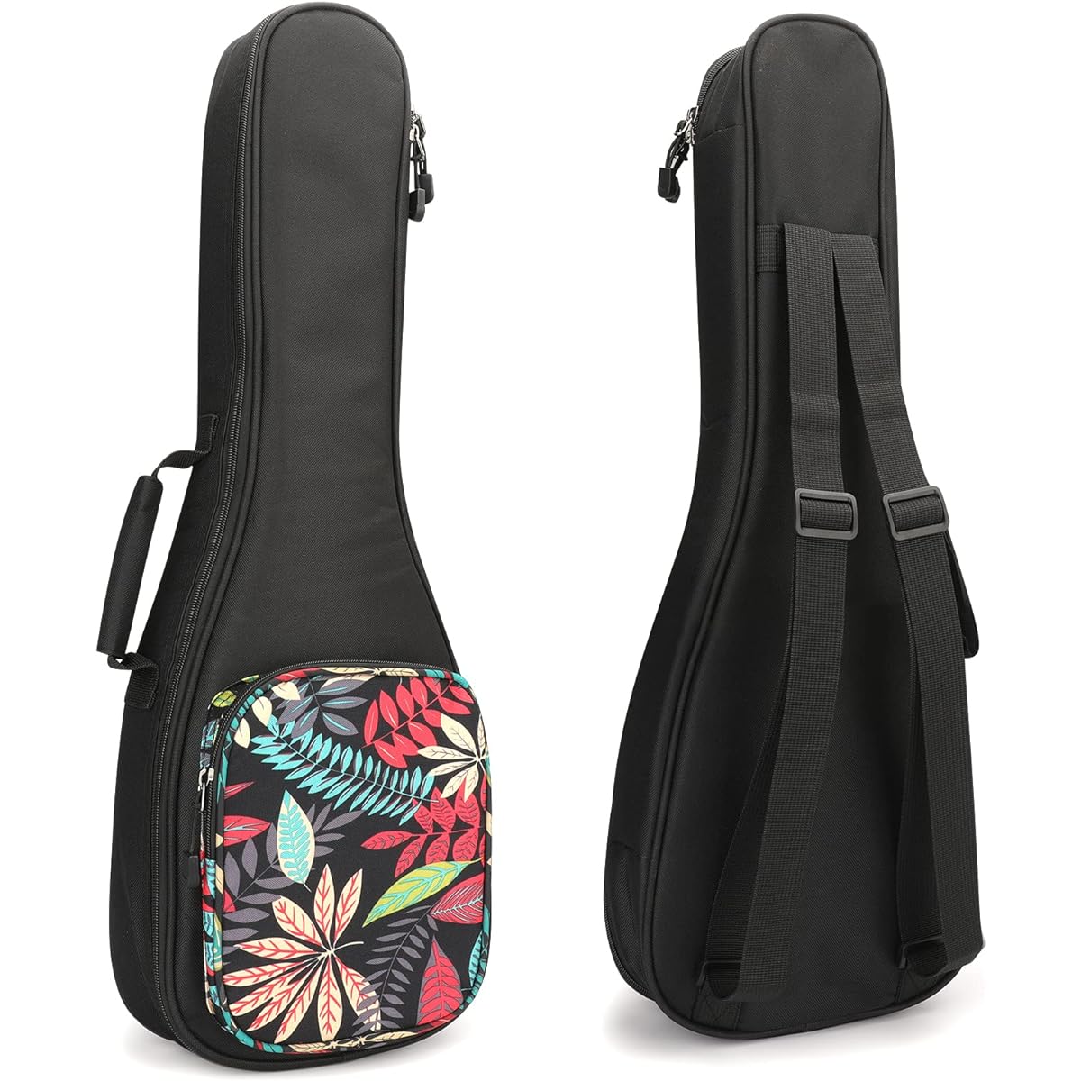 MUINS Ukulele Bag 21 23 26 Ukulele Case Thick Pad for Soprano Concert Tenor Uke with Double Adjustable Strap and Handle (26 Inch, Black Leaves)