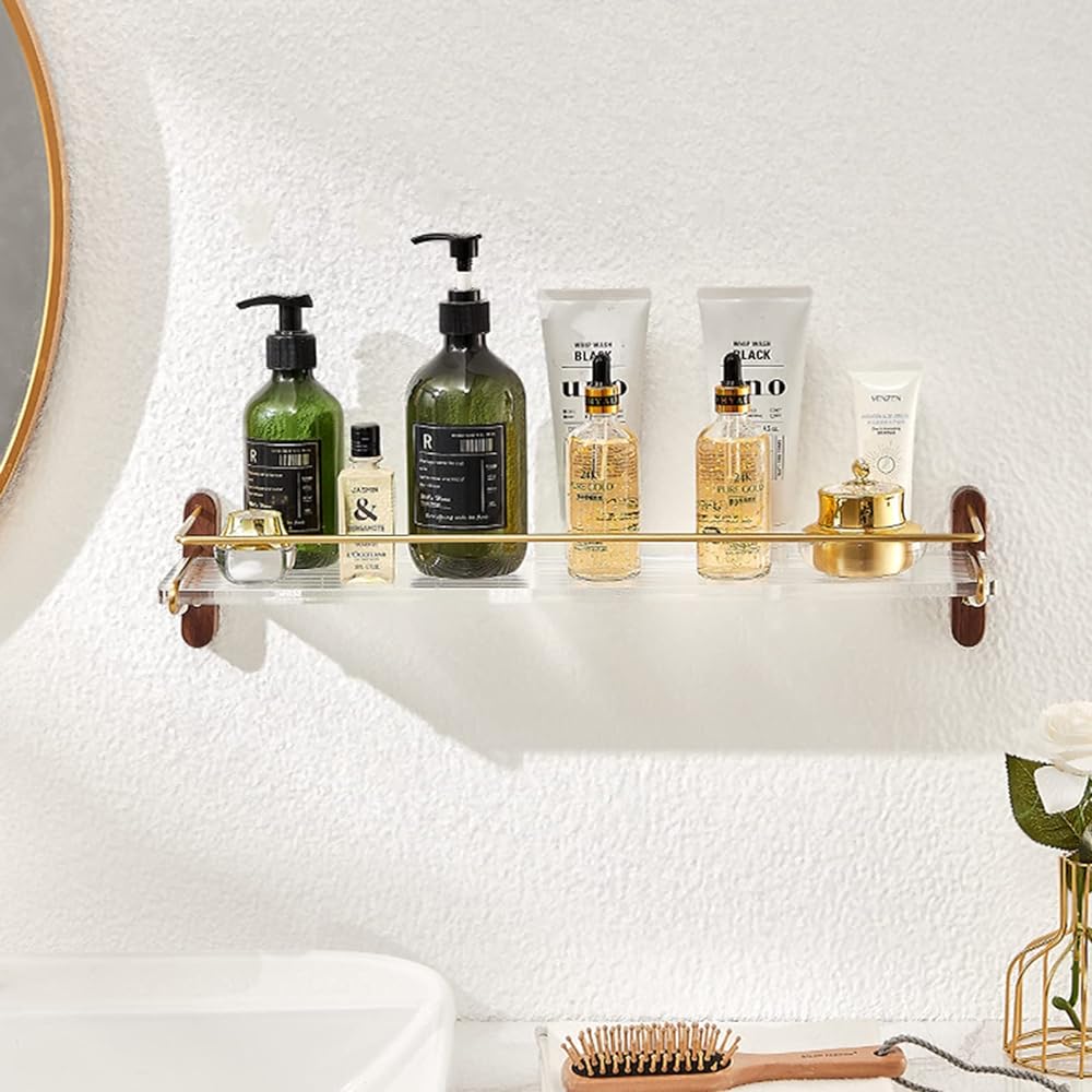 myoseya Wall Shelf, Acrylic Water-Ripple Shelf, Walnut Bracket, Length 50cm, Comes with Anti-Tip Handrail, Decorative Rack, Convenient Storage, Easy Assembly, Stylish, Warm Color Japanese Style