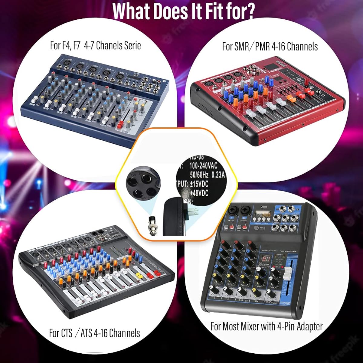 Audio Mixer Power Adapter F4/F7/CT4-16 Universal 2-16 Channel Professional Sound Mixing Console Board 15VDC 4 Pin Hole Connector for Home Karaoke Sign and PA System