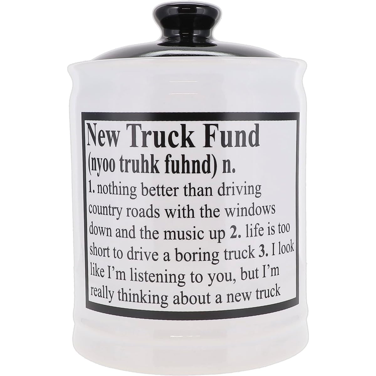 Cottage Creek Piggy Bank Truck Fund Coin Bank Round Ceramic Truck Fund Jar with Black Lid Truck Gifts [White]