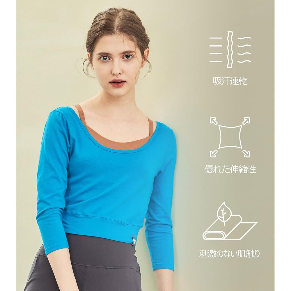 [reinamora] Women's Top, Cross Back, 3/4 Length, Absorbent, Quick Drying, Stretchy, Cover-up, Yoga Wear, Sportswear, T-Shirt