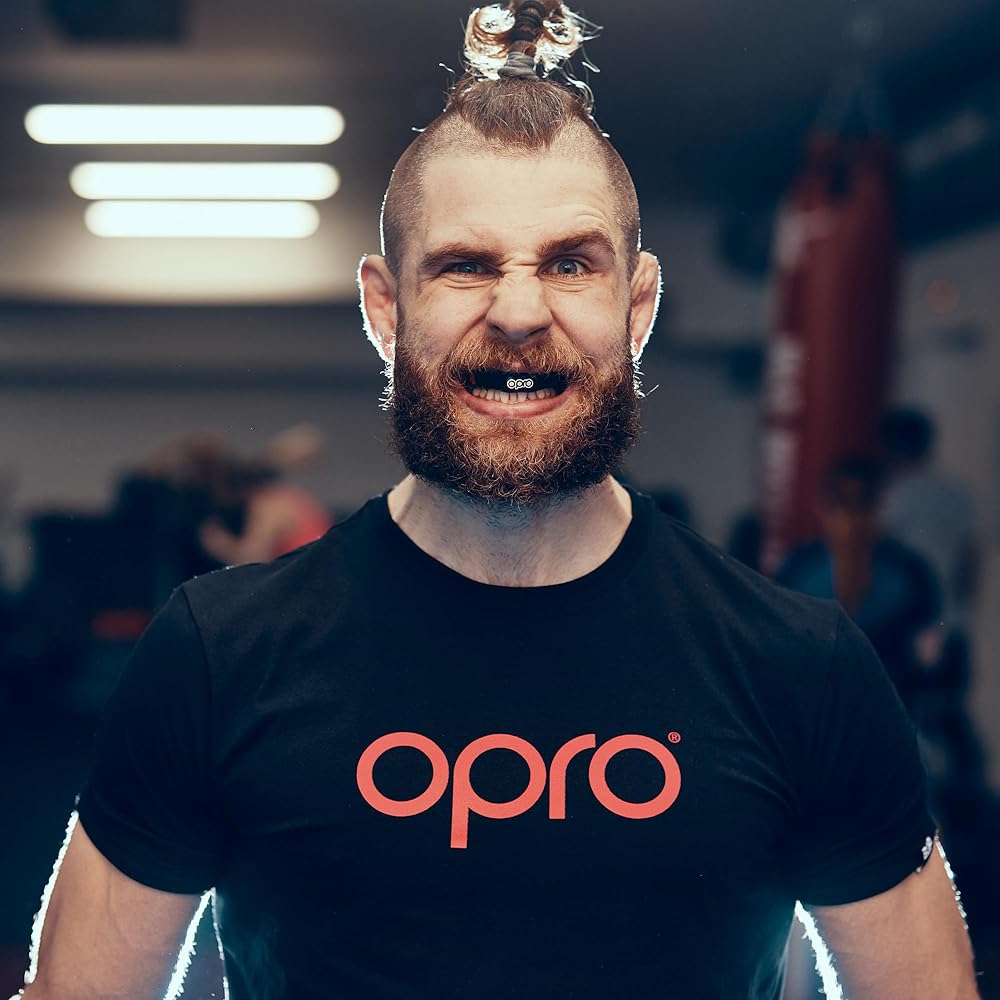OPRO Mouthguard [Instant Custom Fit] Sports Mouthpiece Made in England [Official Store] (Design & Color) (Adult, Black, White & Silver)