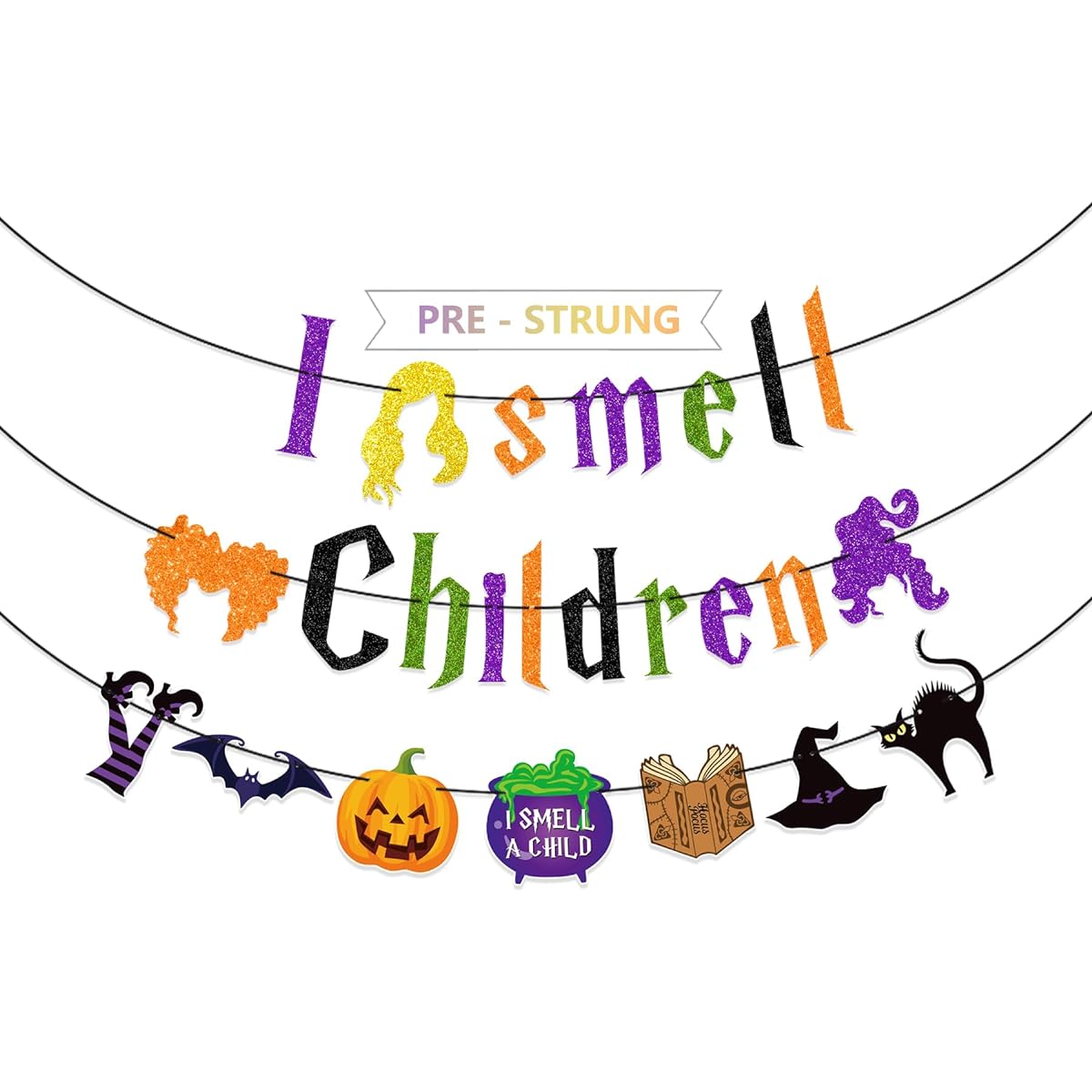 Hocus Pocus Halloween Banner for Kids, Pre-strung Halloween Party Decorations, Halloween Witch Banner, I Smell Decorations for Kids, Hocus Pocus Party Supplies