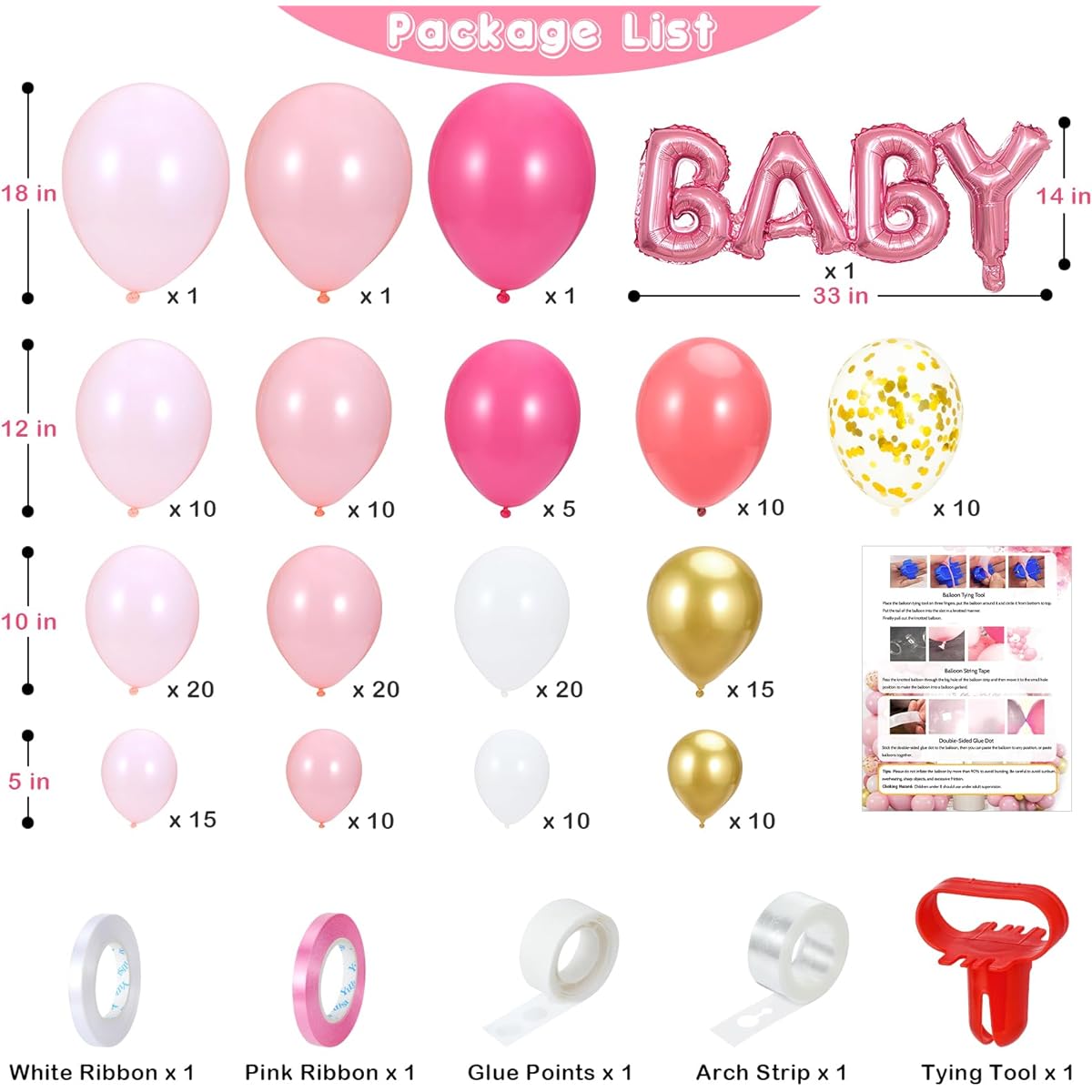 KaKaPops 169 Pieces Pink Balloon Garland Kit Pink Balloon Arch Kit Baby Girl Shower Decorations Baby Shower Balloons Confetti Balloons Girls Baby Shower Decorations