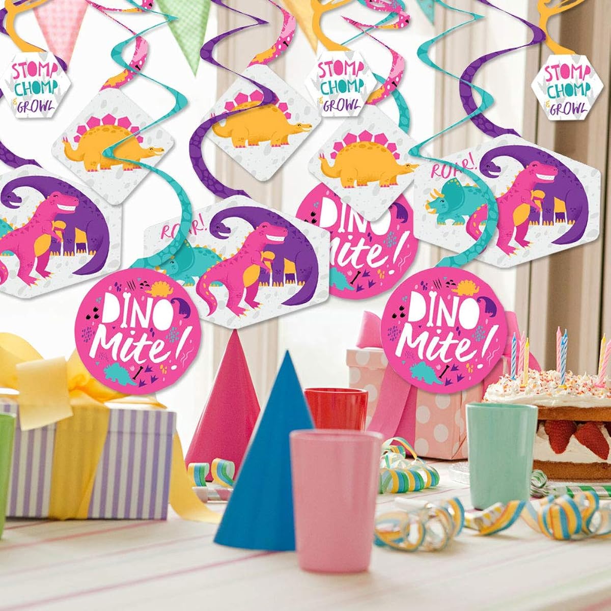 Big Dot of Happiness Roar Dinosaur Girl Dinosaur Girl - Dinosaur Mite Trex Baby Shower Birthday Party Hanging Decorations - Party Decoration Swirls - Set of 40