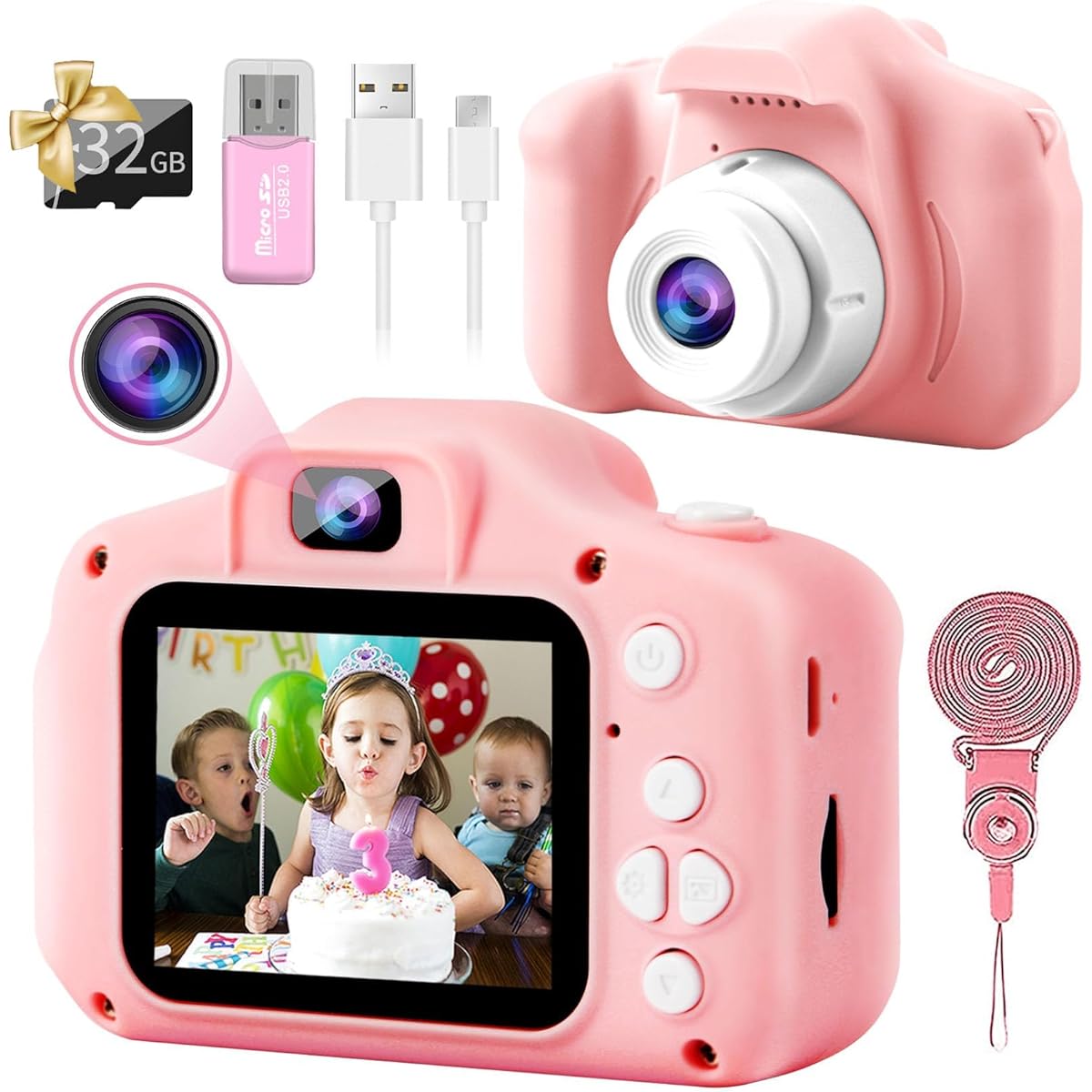 Texpot Kids Camera for Girls Kids Digital Camera 1080P HD Portable Toddler Camera Kids Selfie Camera with 32GB SD Card Toy Camera Christmas Birthday Gift for 3-12 Years Old Girls Boys Kids Pink