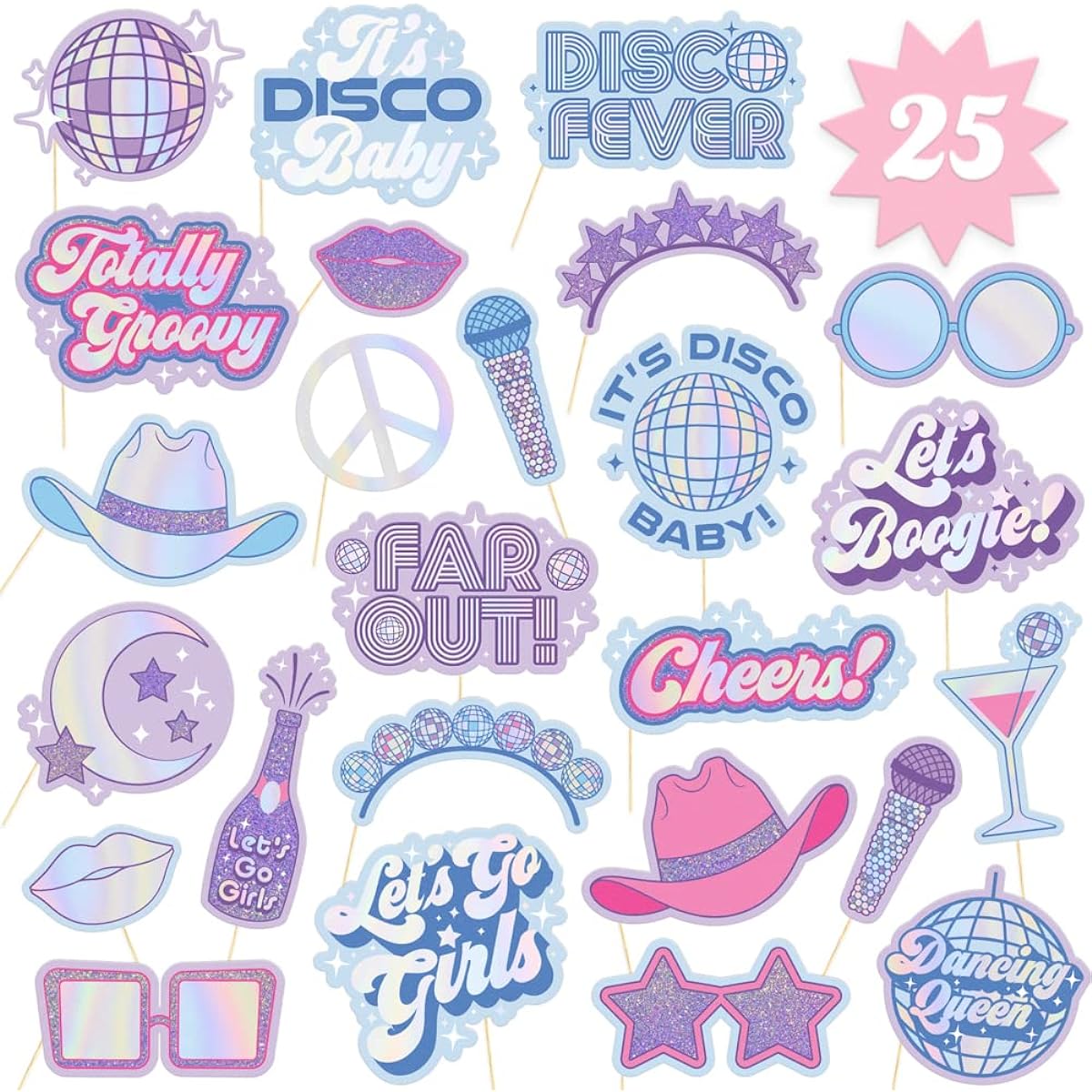 xo Fetti Disco Photo Booth Props 25 Foil Pre-Assembled Bachelorette Party Supplies Groovy Birthday Party Decorations 70s Disco Shower Retro Backdrop