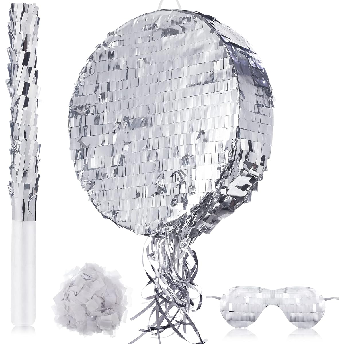 Disco Ball Small Pinata Pinata Stick with Blindfold and Confetti Silver Foil Pinata for Birthday Party Small Pinata for Kids Adults Retro Birthday Game Party Decoration Supplies Favors (Round Shape)