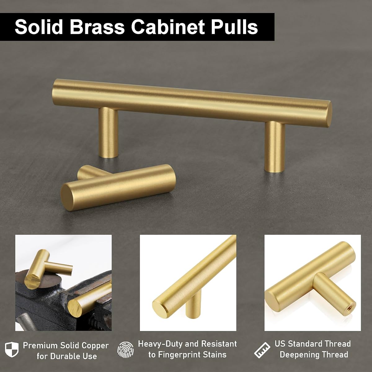 QOGRISUN 2 Pack Solid Brass Cabinet Pulls, Gold European Style T Bar Handles, 3 Inch Hole Center for Kitchen Drawers, Dresser Cupboard, 4.9 Inch Overall Length, Brushed Brass Finish