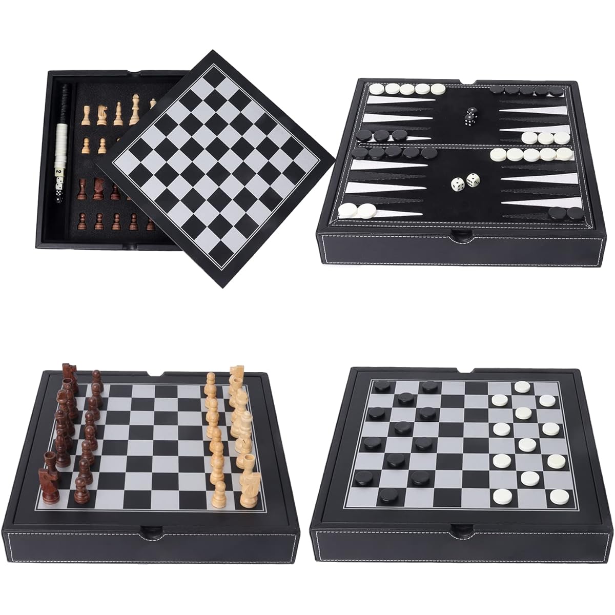 GSE 12.5" Premium Leather 3-in-1 Checkers Backgammon Board Game Combo Set, Classic Board Strategy Game for Kids & Adults