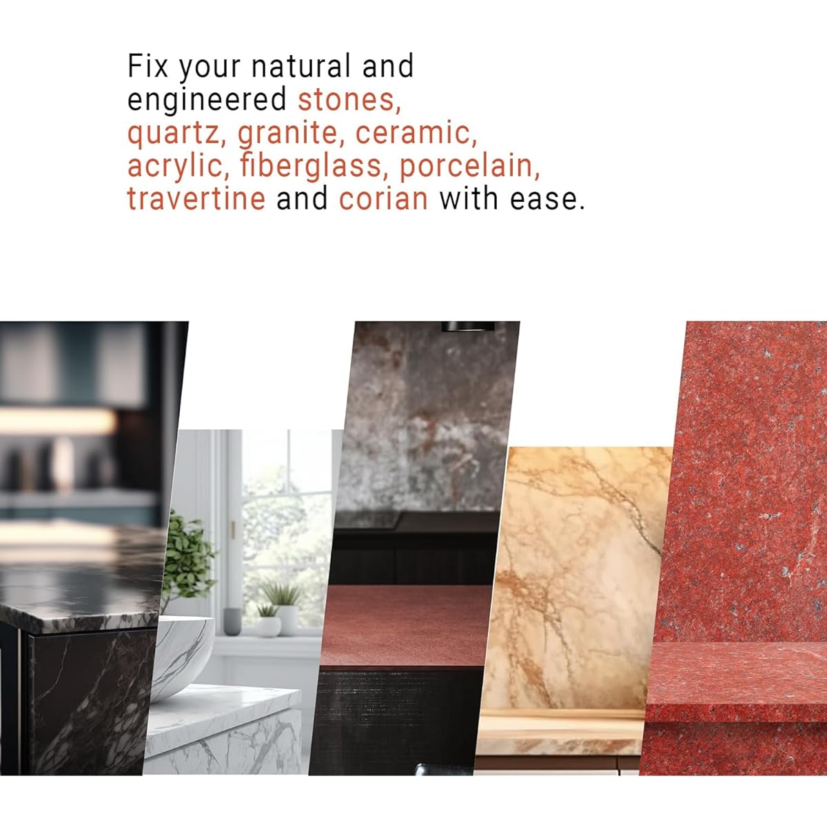 Uba Tuba & Red Stone Repair Kit (Red, Black & Clear Colors) - Great as a granite repair kit Also great as a quartz countertop repair kit Also great as a ceramic, tile and porcelain repair kit