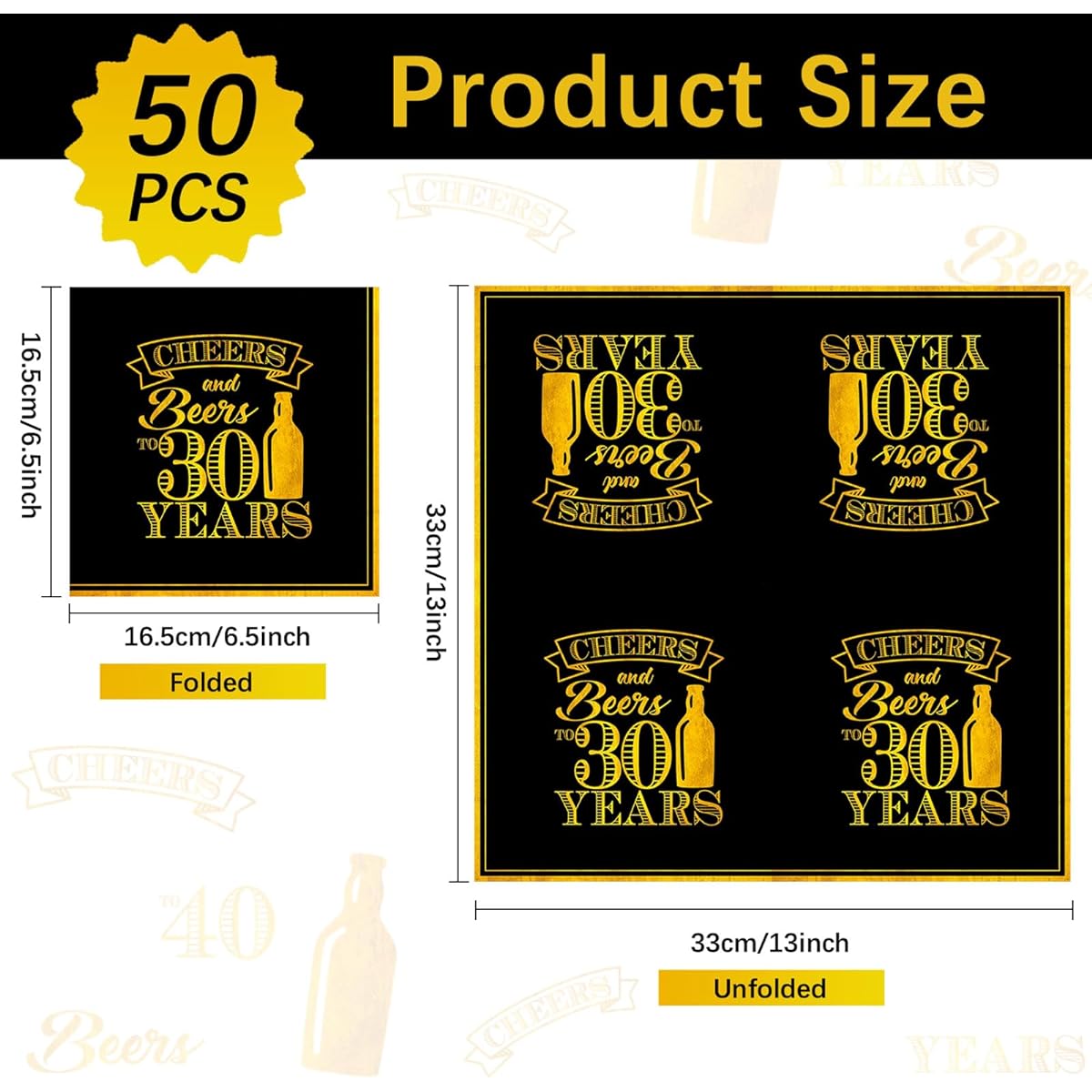 Cheers to 30th Party Napkins - 50 Count, 30th Birthday, 6.5x6.5 Inch, Disposable Party Supplies, Black and Gold Paper Napkins, Unisex, 30th Birthday Decorations, Wedding Anniversary