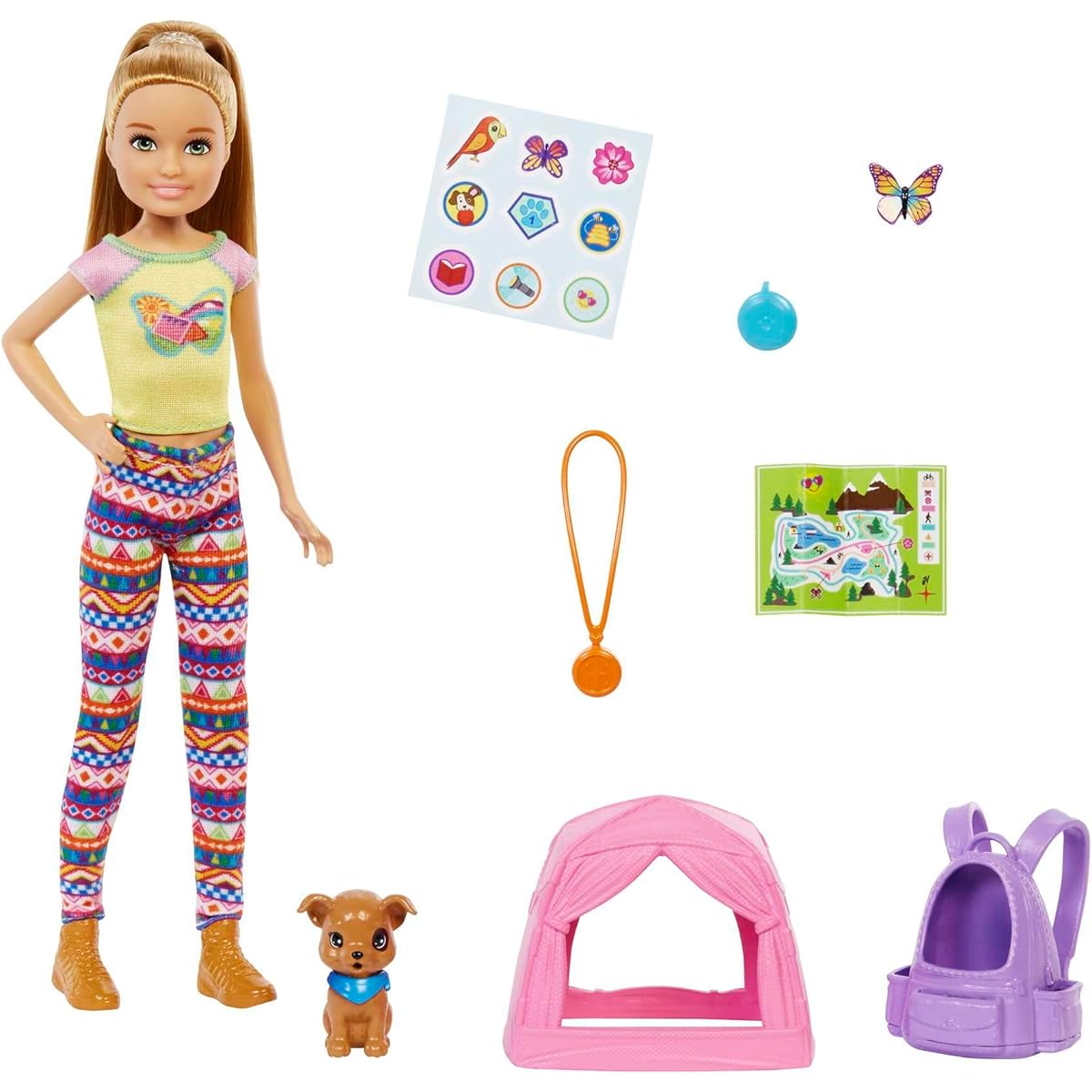 Barbie Let's Go Camping! Skipper Brunette Doll with Pet and Toy Accessories, Gift for Girls and Boys +3 Years (Mattel HDF70)
